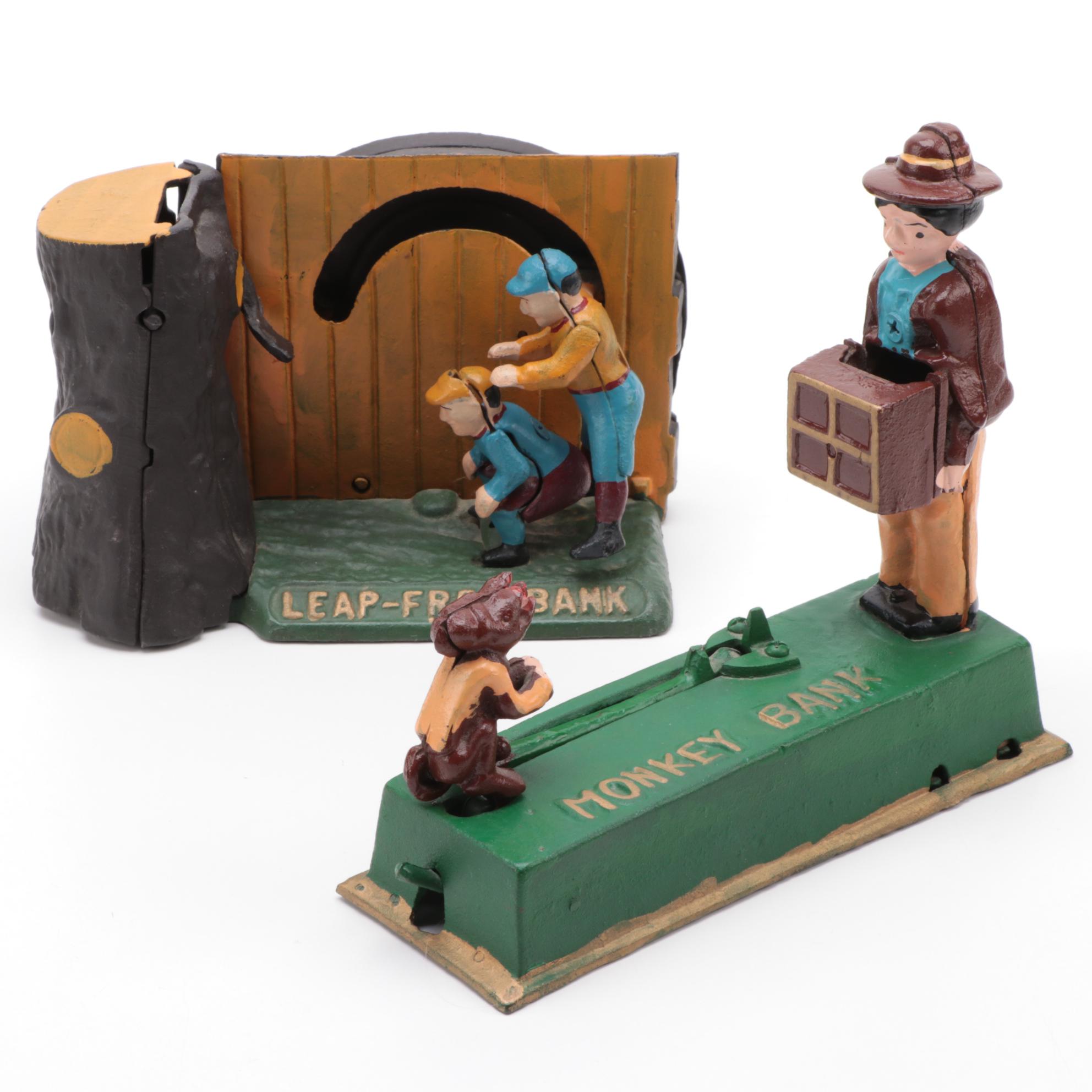 Cast Iron Mechanical Coin Banks Including "Leap Frog" and "Monkey"