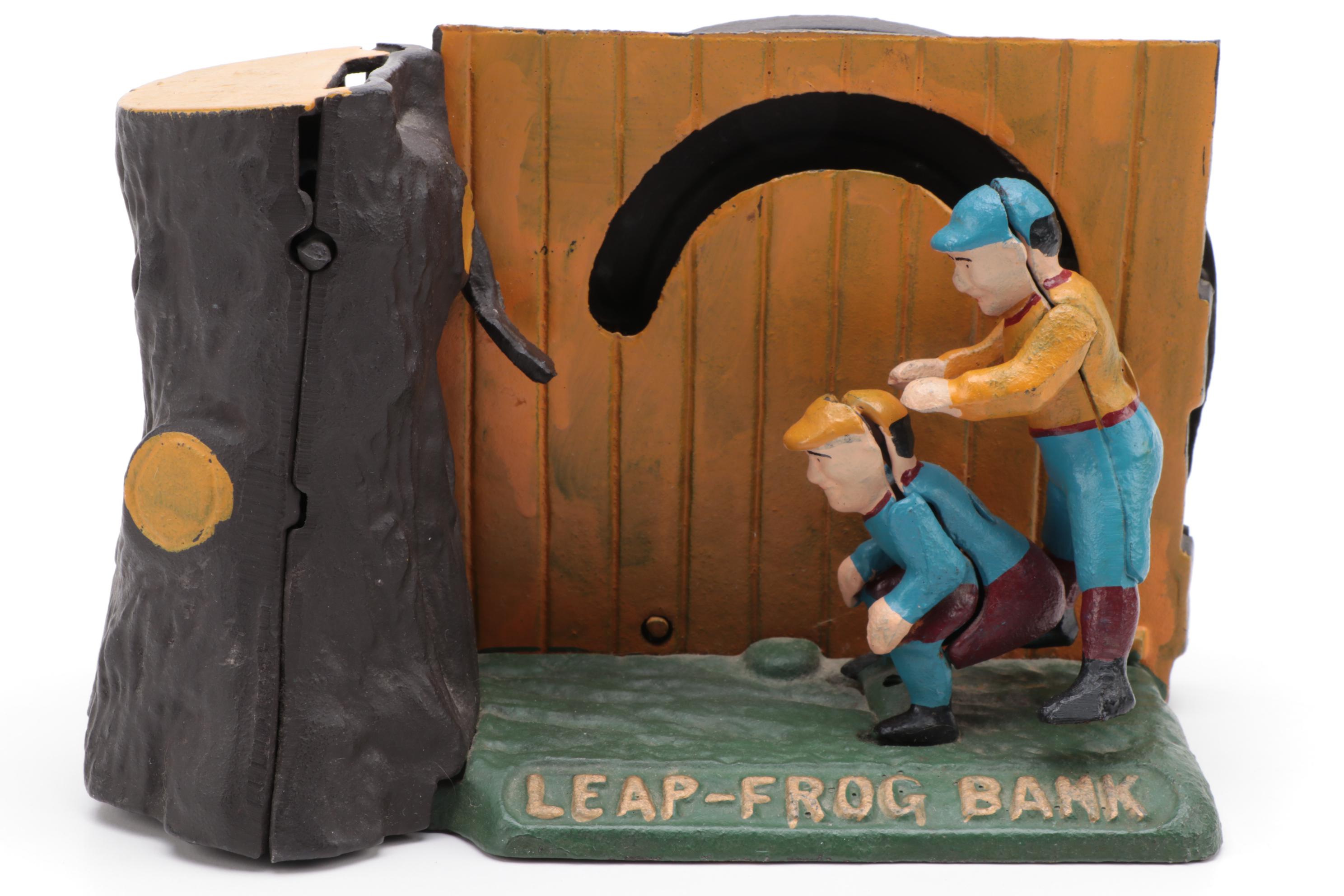 Cast Iron Mechanical Coin Banks Including "Leap Frog" and "Monkey"