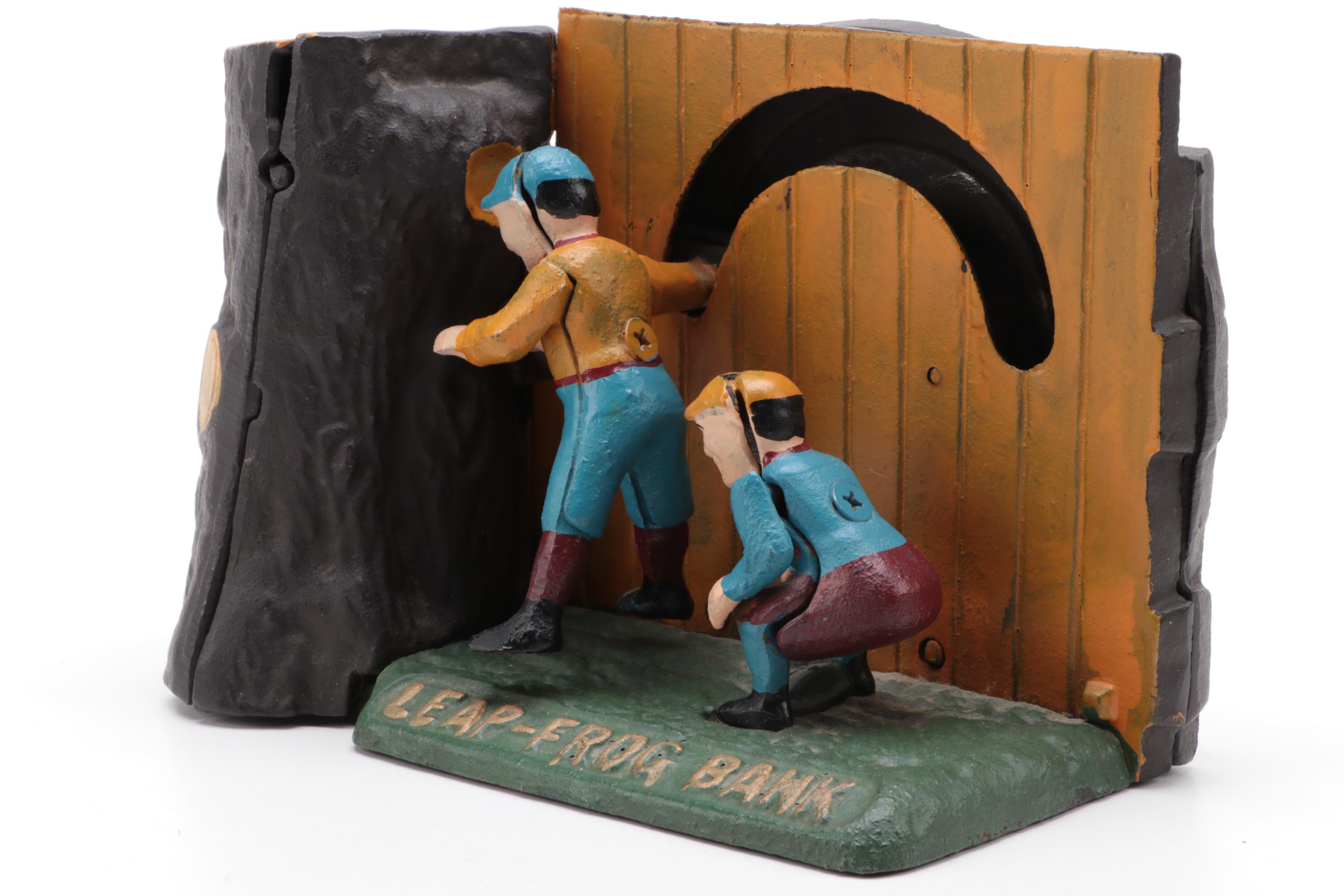 Cast Iron Mechanical Coin Banks Including "Leap Frog" and "Monkey"