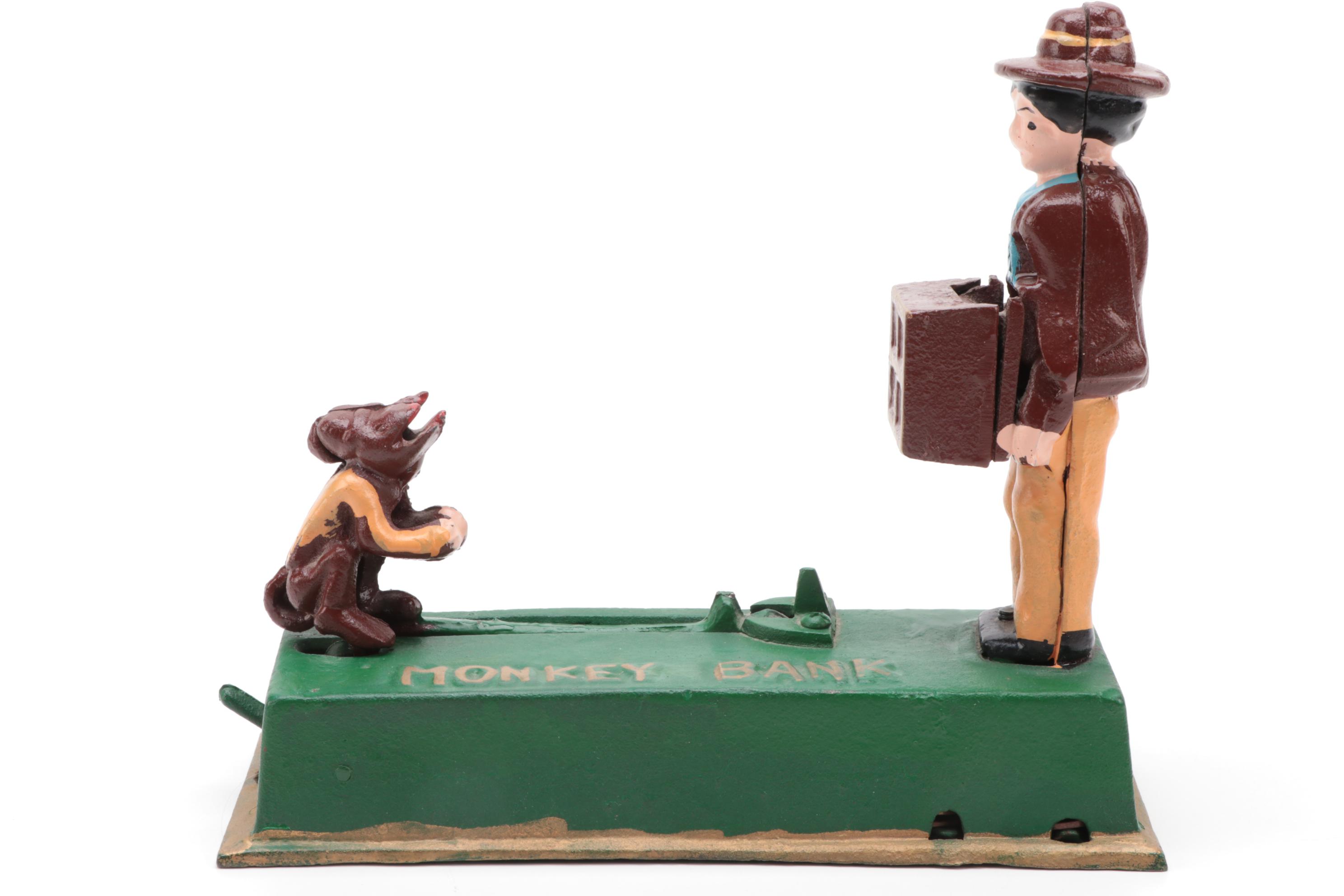 Cast Iron Mechanical Coin Banks Including "Leap Frog" and "Monkey"