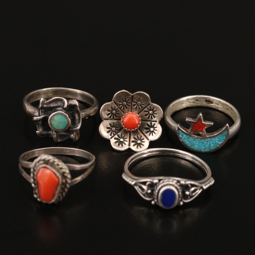 Western Sterling Coral and Turquoise Rings Featuring Crescent Moon and Star