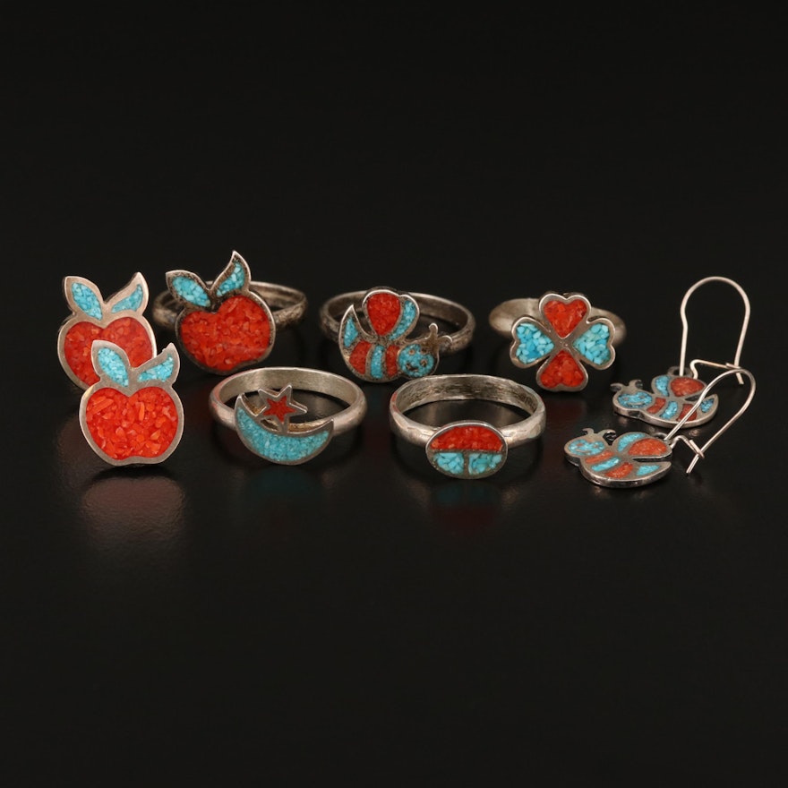 Sterling Silver Rings and Earrings Featuring Gemstone Inlay