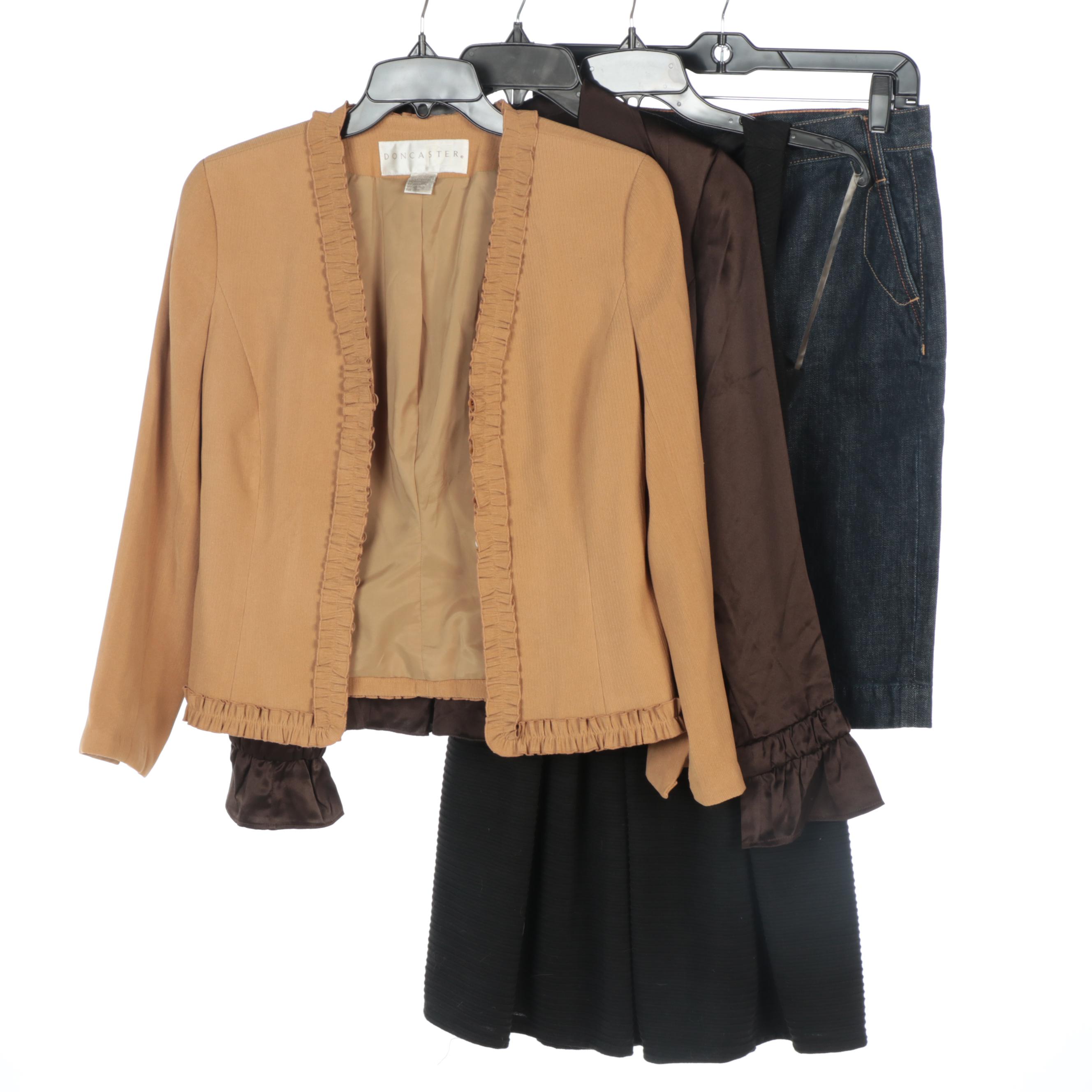 Doncaster Cardigan, Eccoci Silk Shirt, J Crew Jean Skirt and Wet Seal Dress