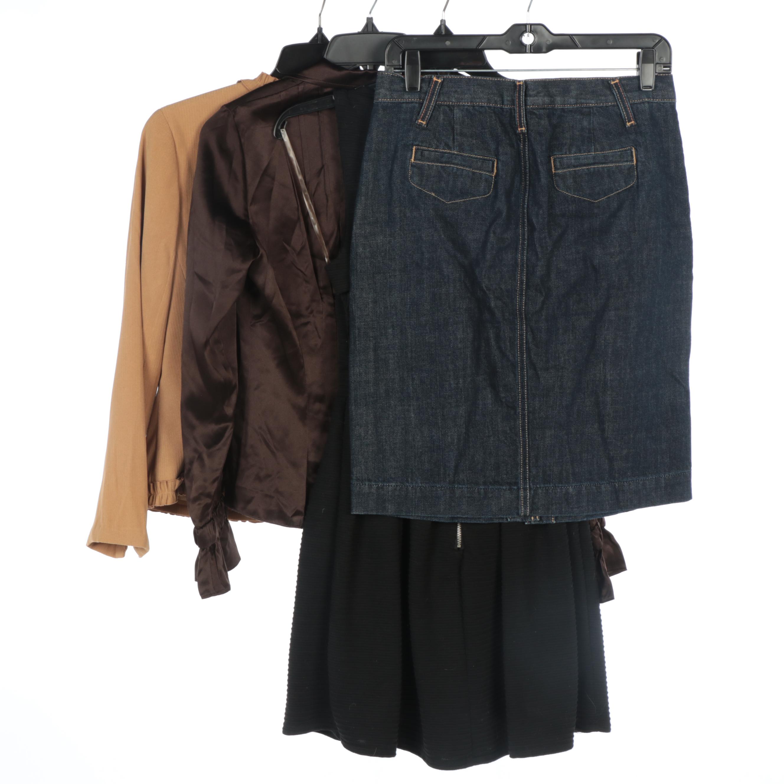 Doncaster Cardigan, Eccoci Silk Shirt, J Crew Jean Skirt and Wet Seal Dress