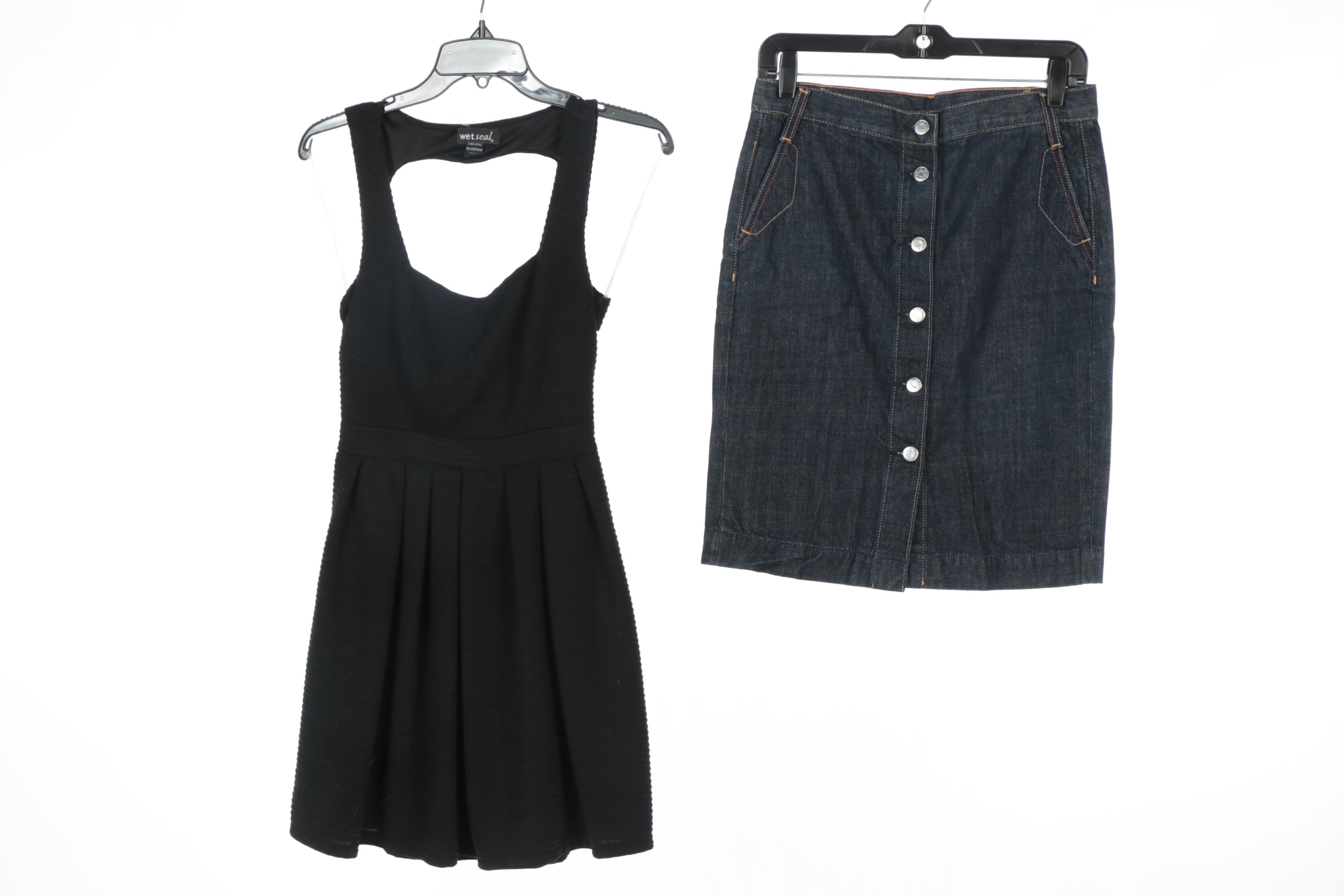 Doncaster Cardigan, Eccoci Silk Shirt, J Crew Jean Skirt and Wet Seal Dress