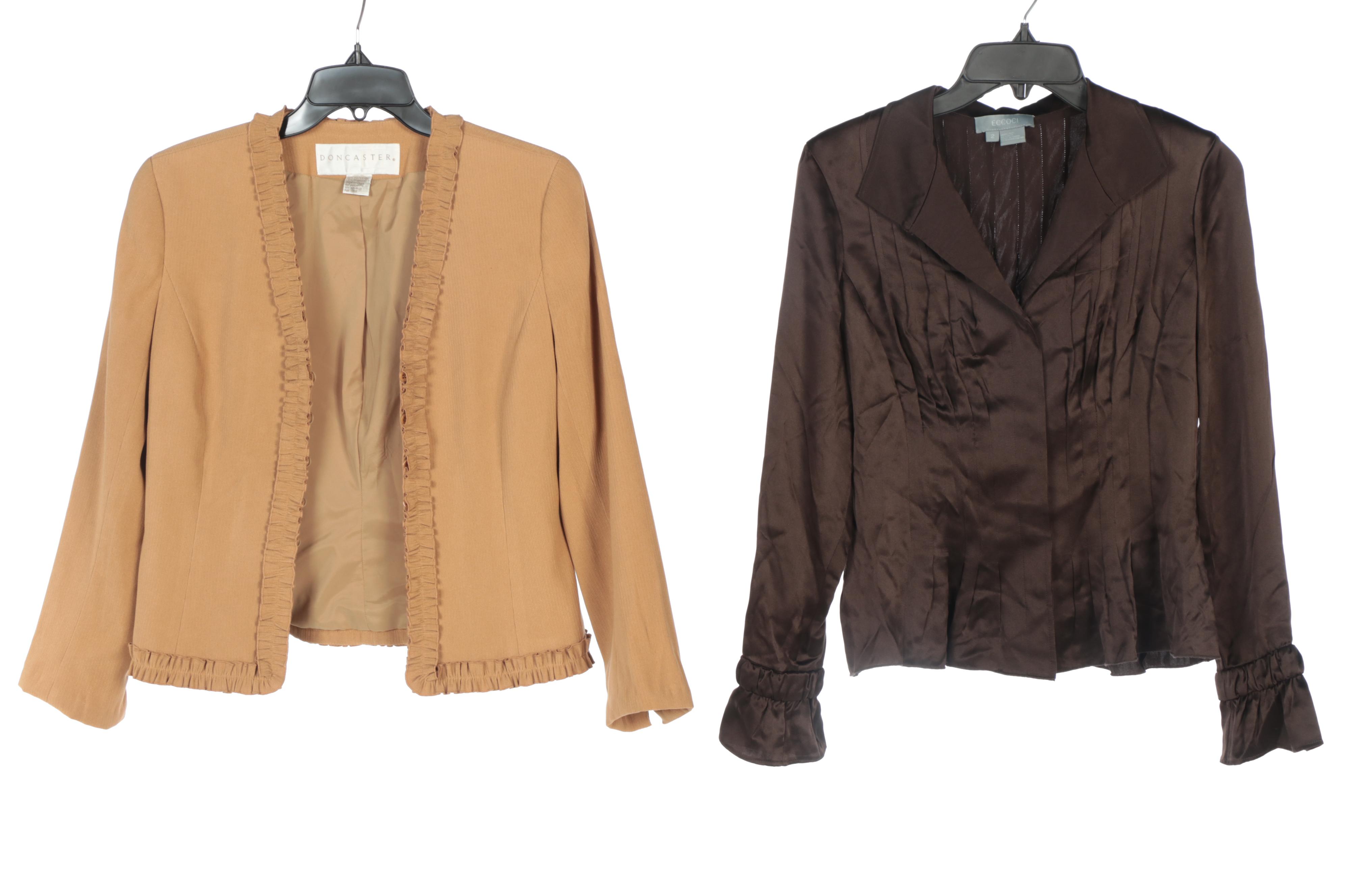 Doncaster Cardigan, Eccoci Silk Shirt, J Crew Jean Skirt and Wet Seal Dress