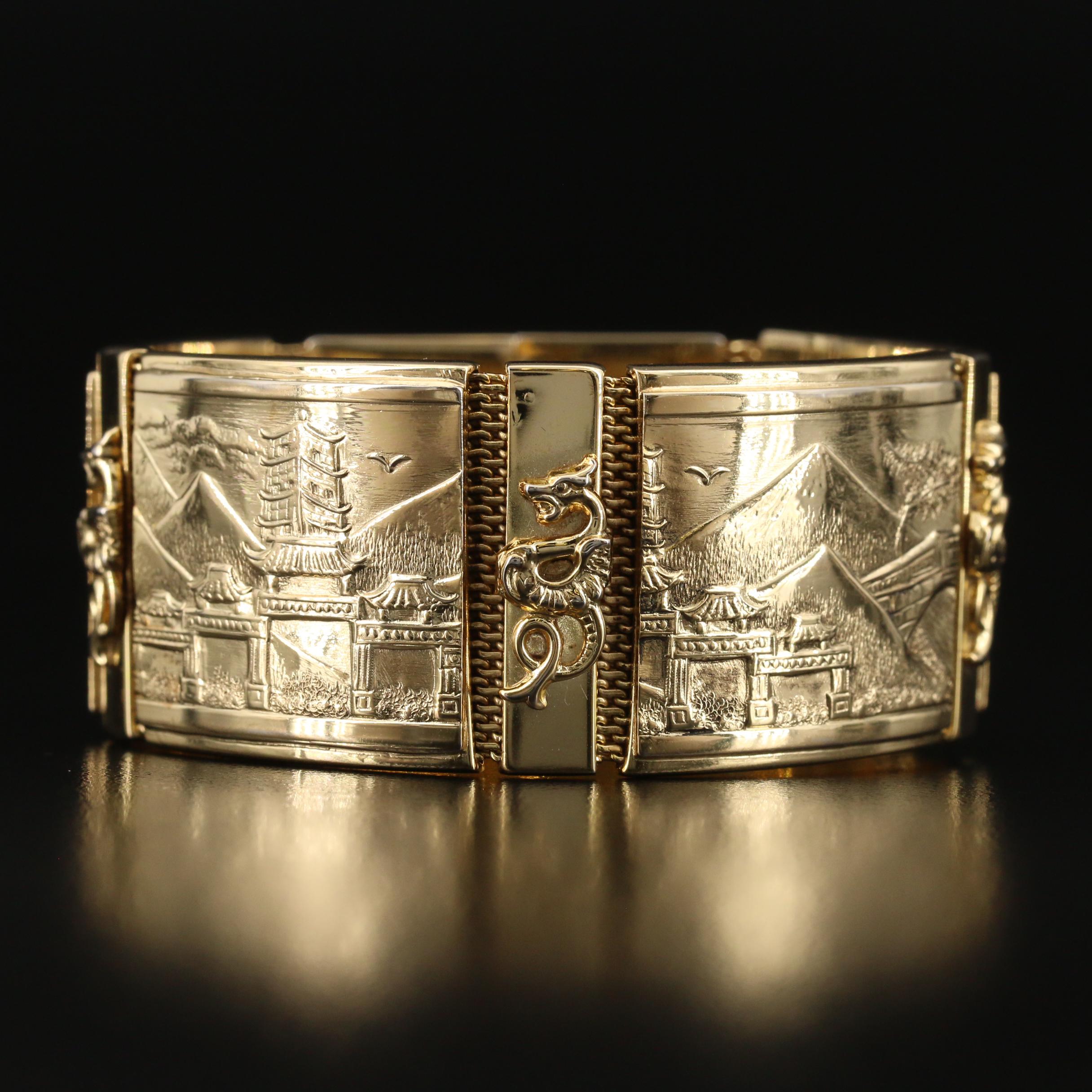 Vintage Whiting & Davis Co. Panel Bracelet with Japanese Landscapes and Ryū