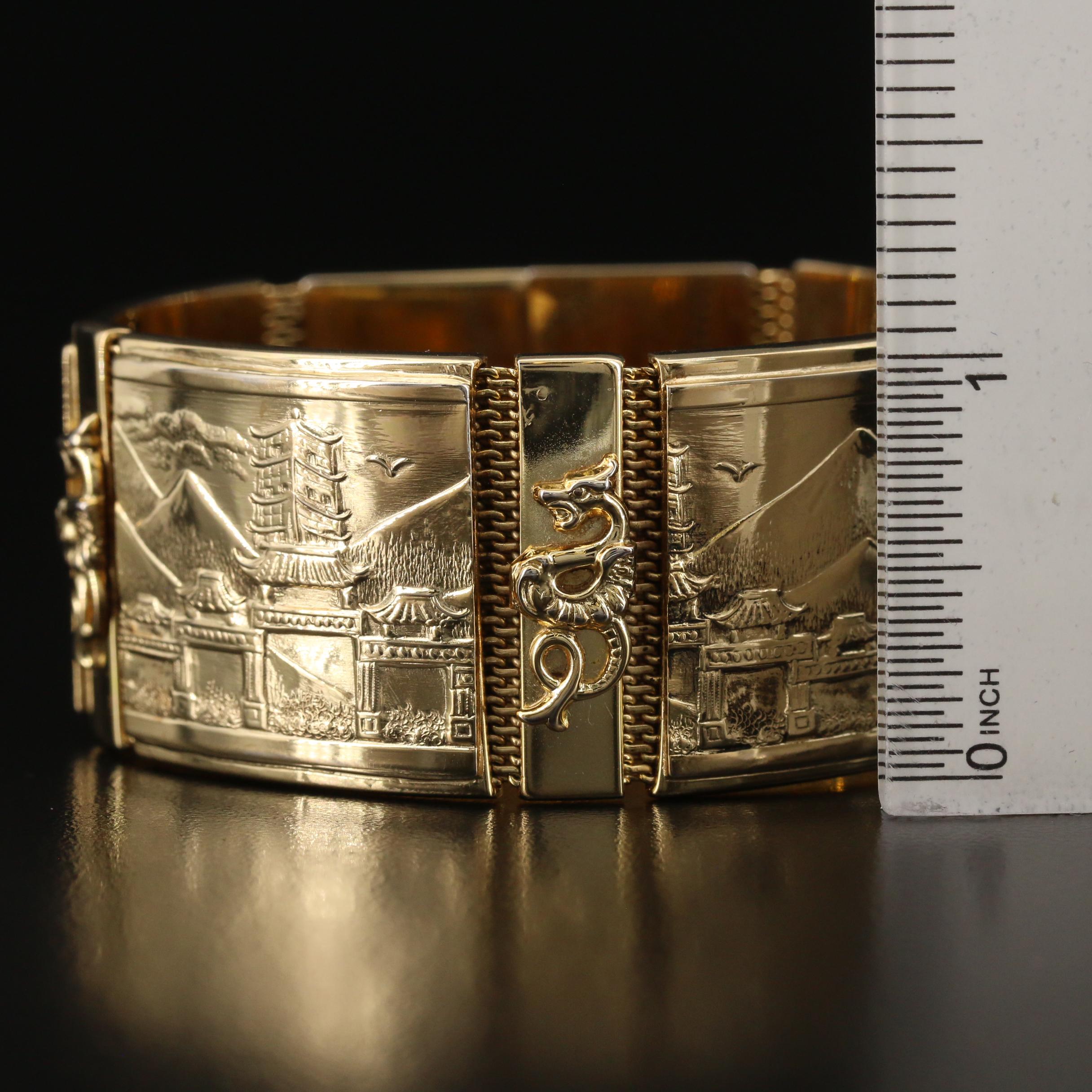Vintage Whiting & Davis Co. Panel Bracelet with Japanese Landscapes and Ryū