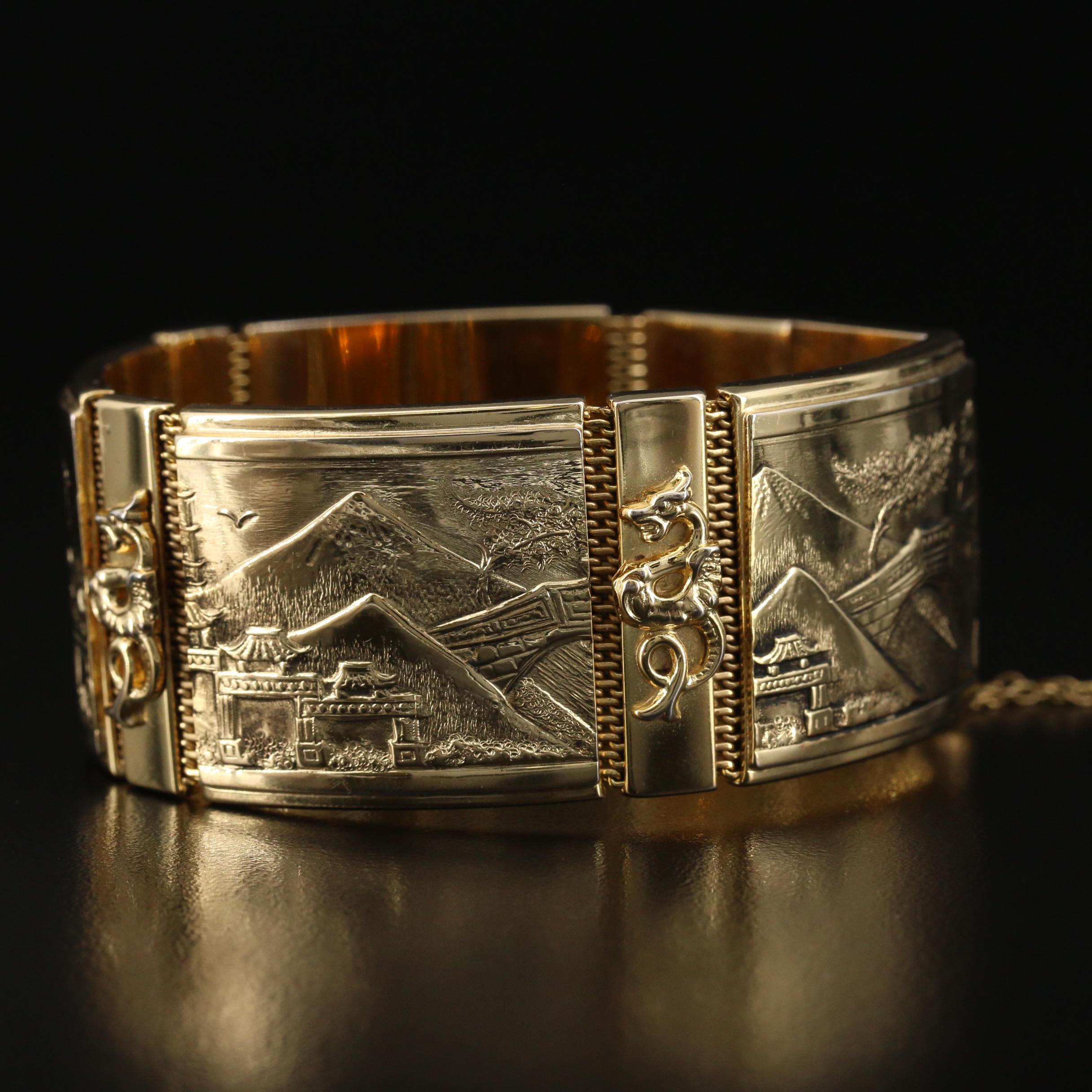 Vintage Whiting & Davis Co. Panel Bracelet with Japanese Landscapes and Ryū