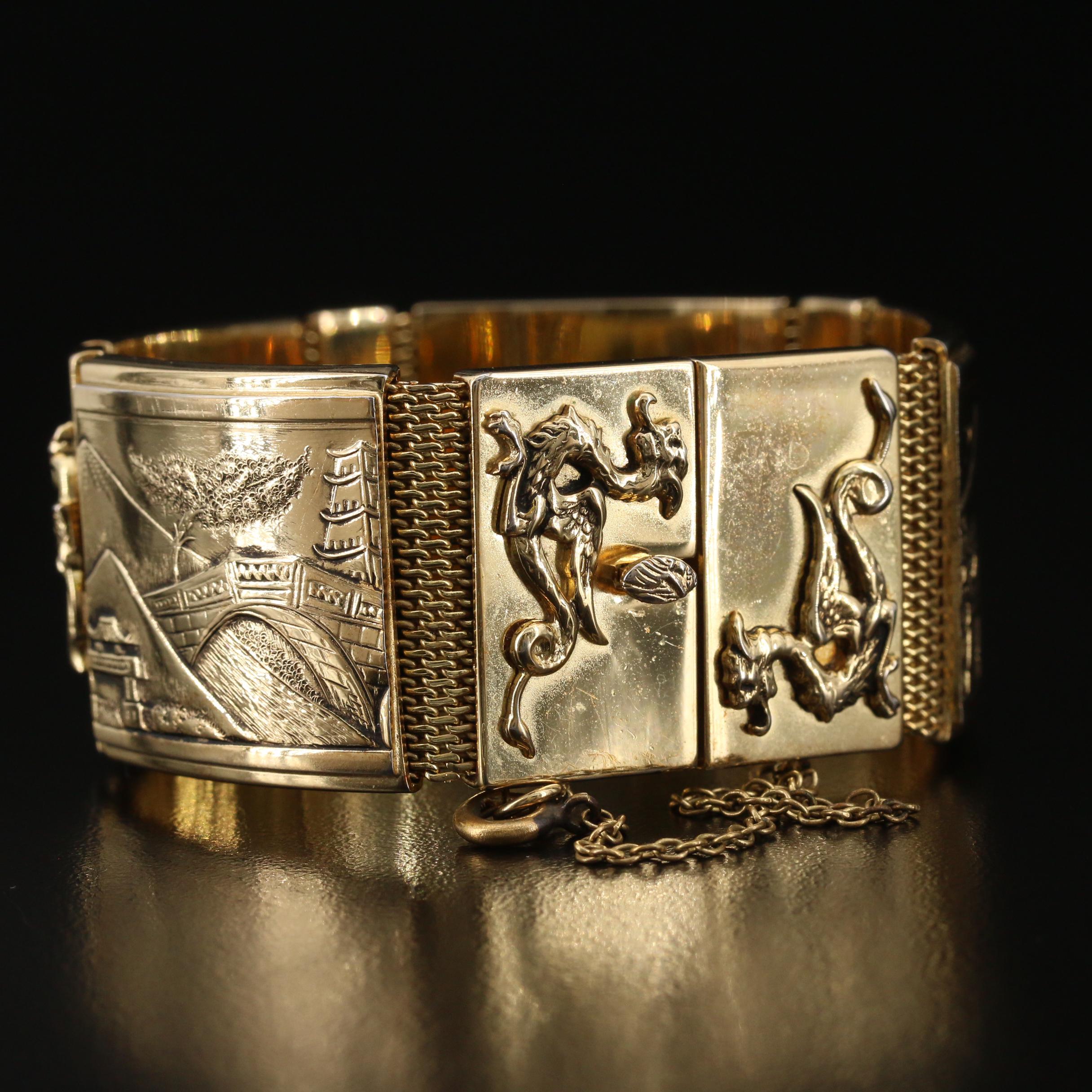Vintage Whiting & Davis Co. Panel Bracelet with Japanese Landscapes and Ryū