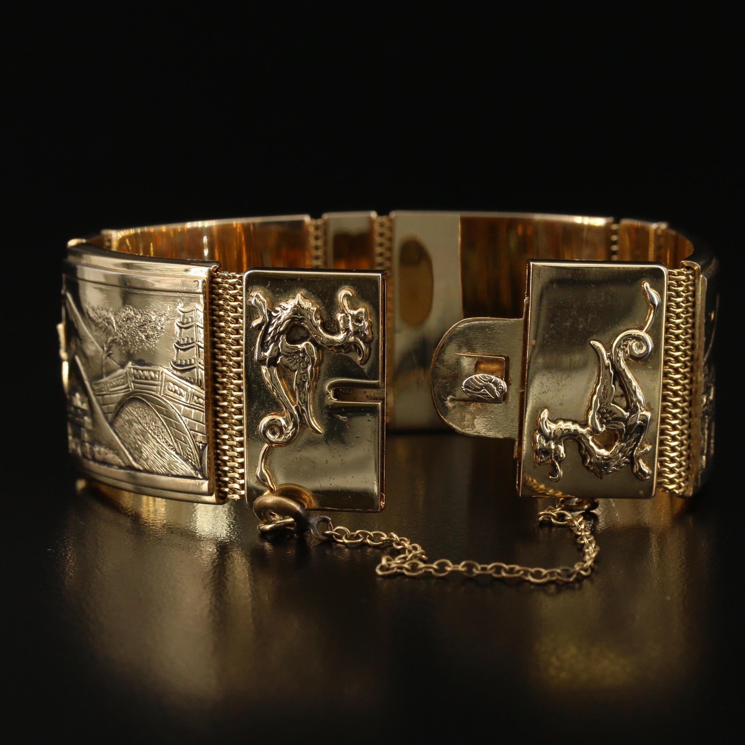 Vintage Whiting & Davis Co. Panel Bracelet with Japanese Landscapes and Ryū
