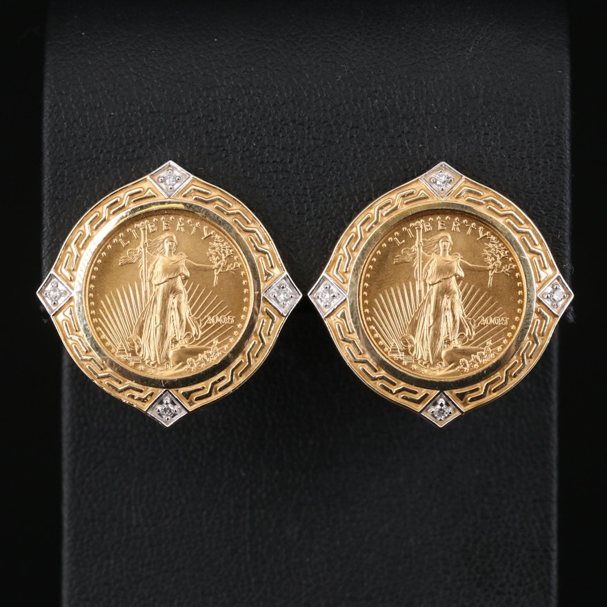 14K Diamond Earrings with 2005 $5 Gold Eagle Bullion Coins