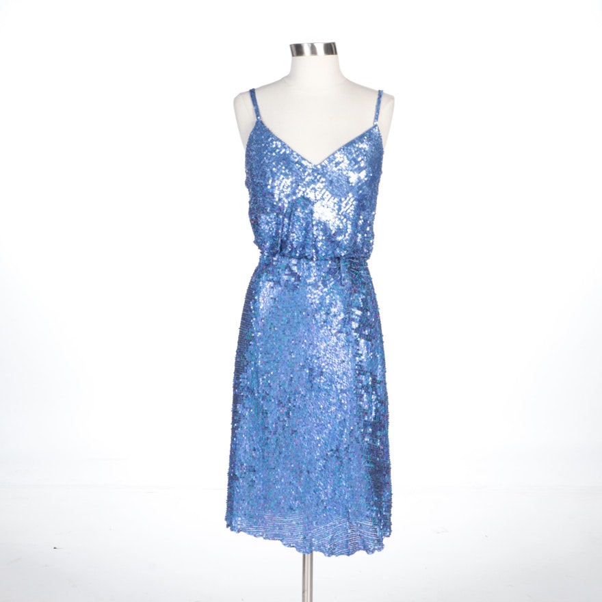 Alberto Makali Cornflower Blue Silk Sequined Sleeveless Dress with Wrap