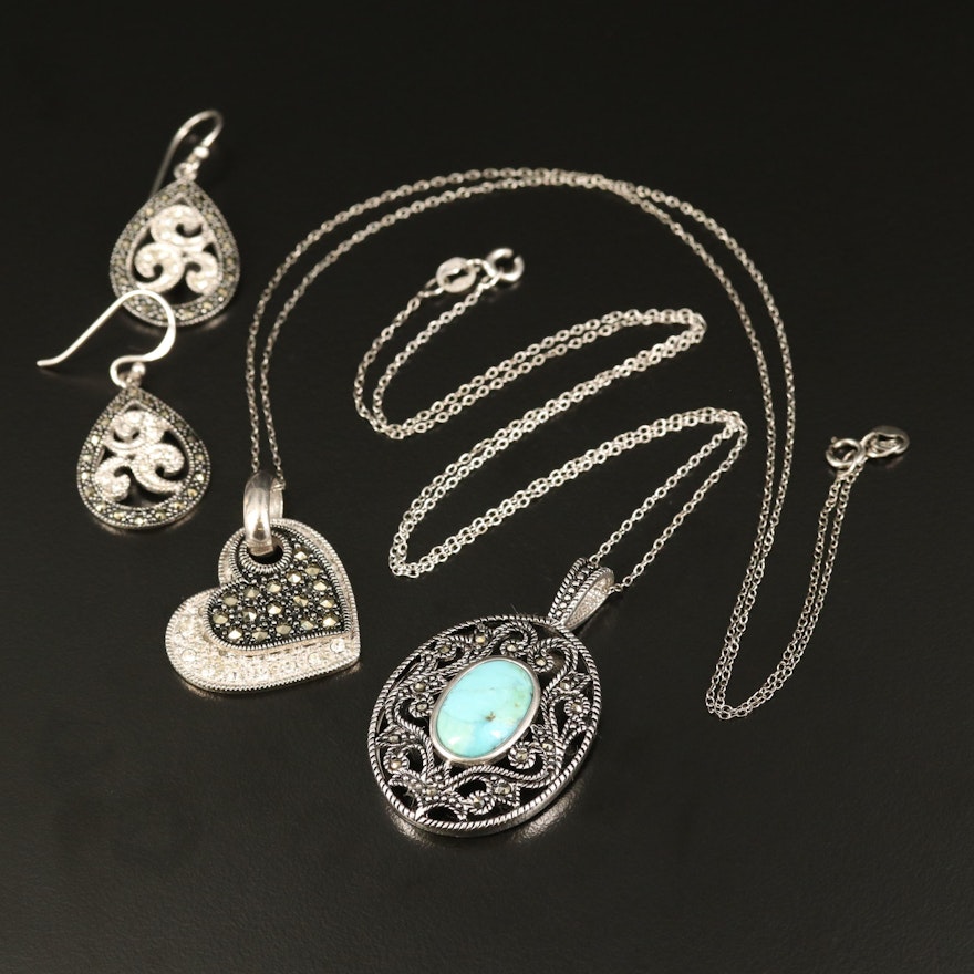 Sterling Faux Turquoise, Rhinestone and Marcasite Scrollwork Jewelry