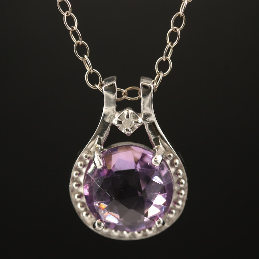 Sterling Amethyst and Diamond Pendant Necklace