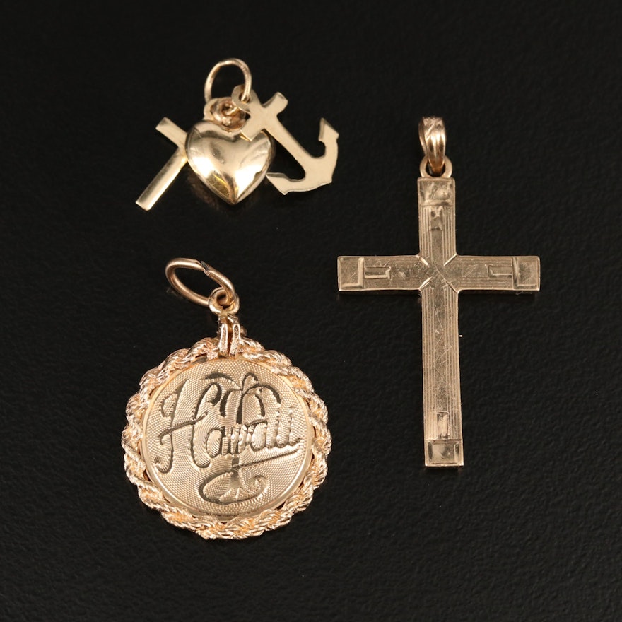 14K Hawaii Pendant and Charms with 10K Cross Pendant