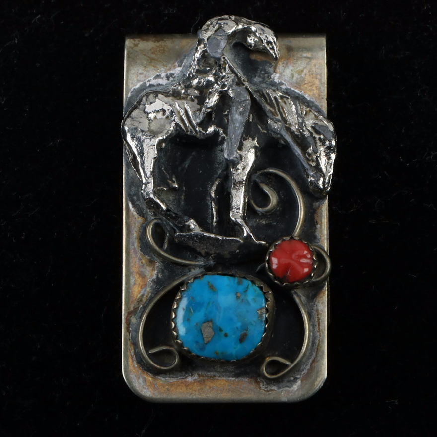 Southwestern Style Money Clip in Base Metal, Imitation Coral and Turquoise