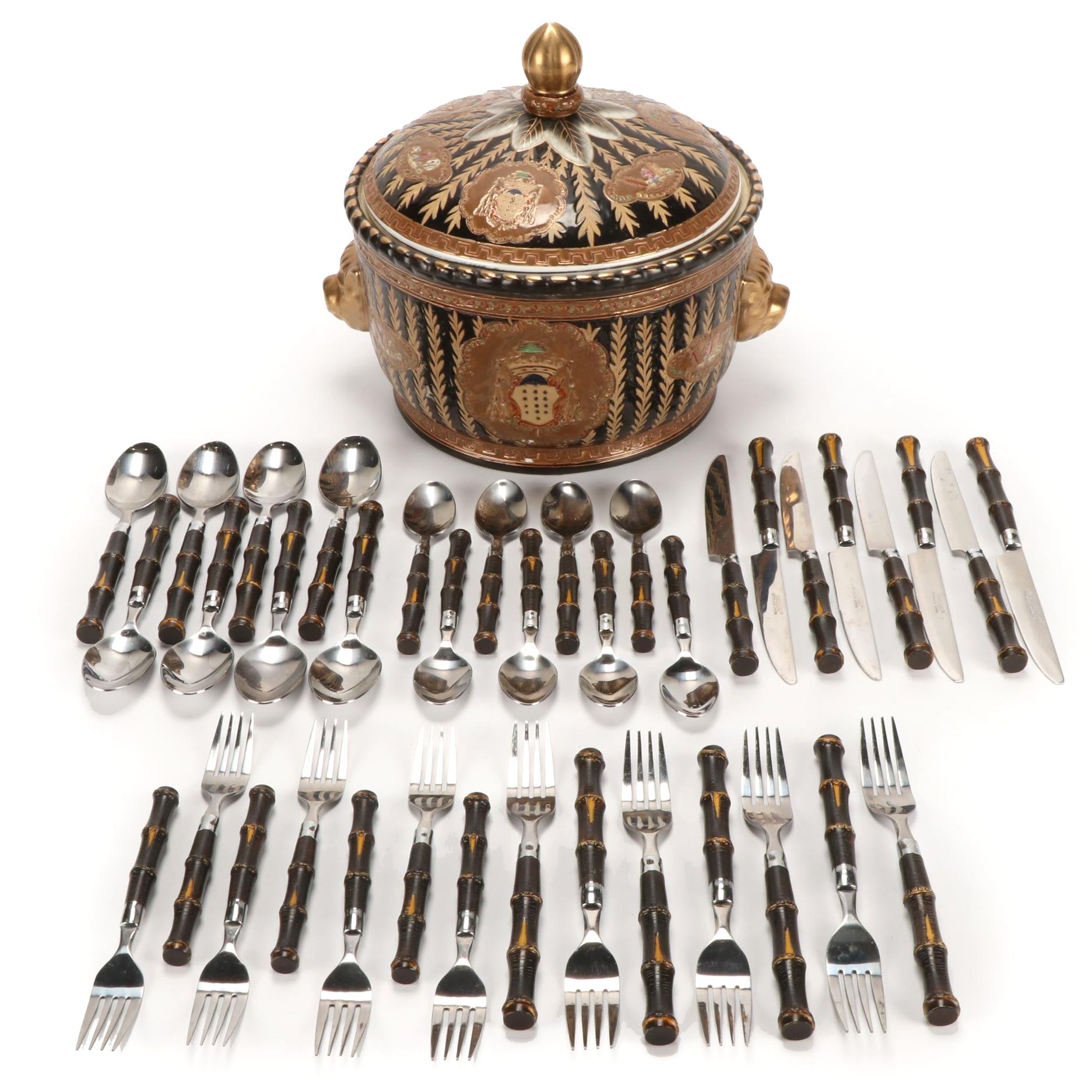 Cambridge "Bamboo" Flatware and Porcelain Lidded Pot with Ecclesiastical Crest