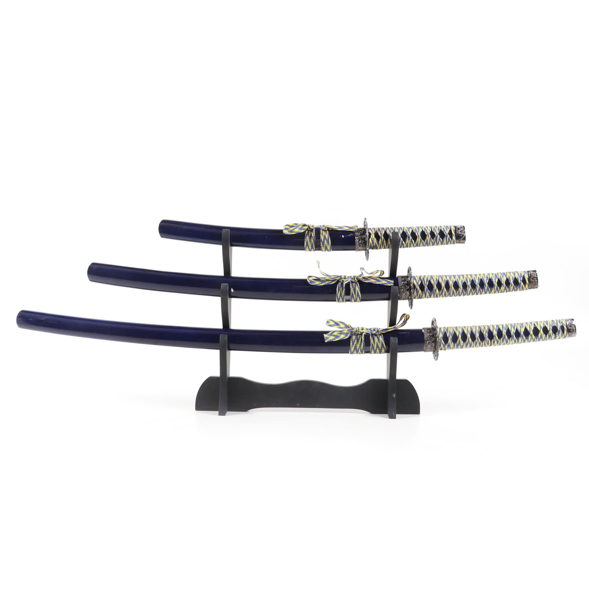 Japanese Style Katana, Wakizashi and Tanto Set with Sheaths and Kake Stand