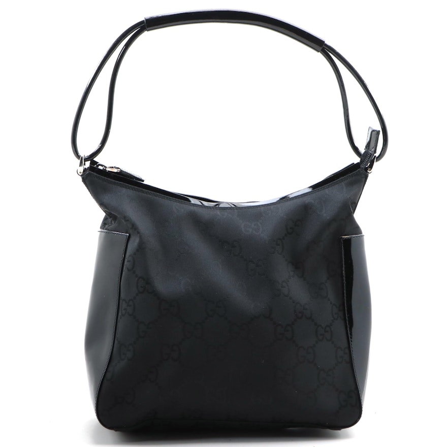 Gucci Shoulder Bag in Black GG Nylon with Patent Leather Trim