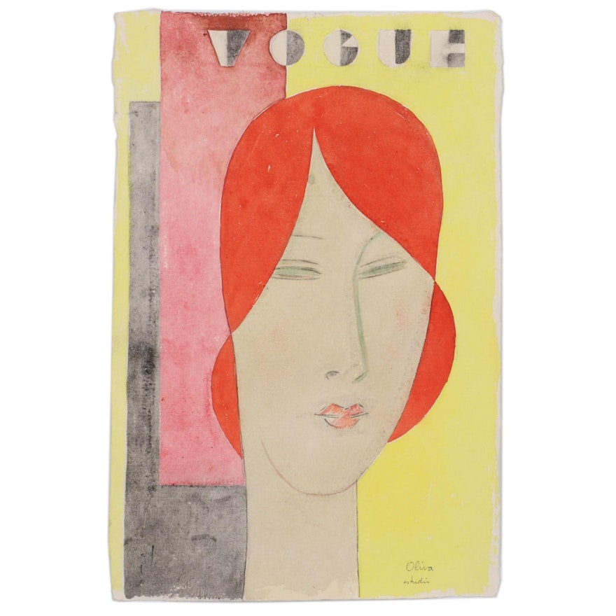 Eduardo Oliva Watercolor Fashion Illustration "Vogue," Late 20th Century