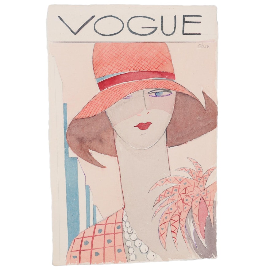 Eduardo Oliva Watercolor Fashion Illustration "Vogue," Late 20th Century