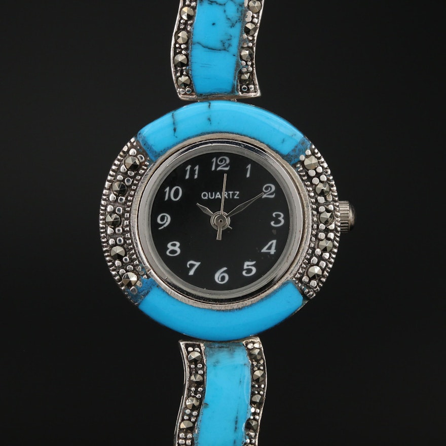 Sterling Silver Marcasite and Faux Turquoise Quartz Wristwatch