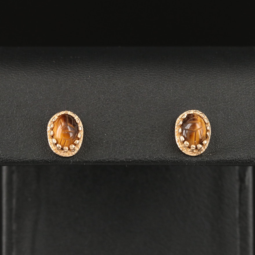 14K Tiger's Eye Scarab Stud Earrings