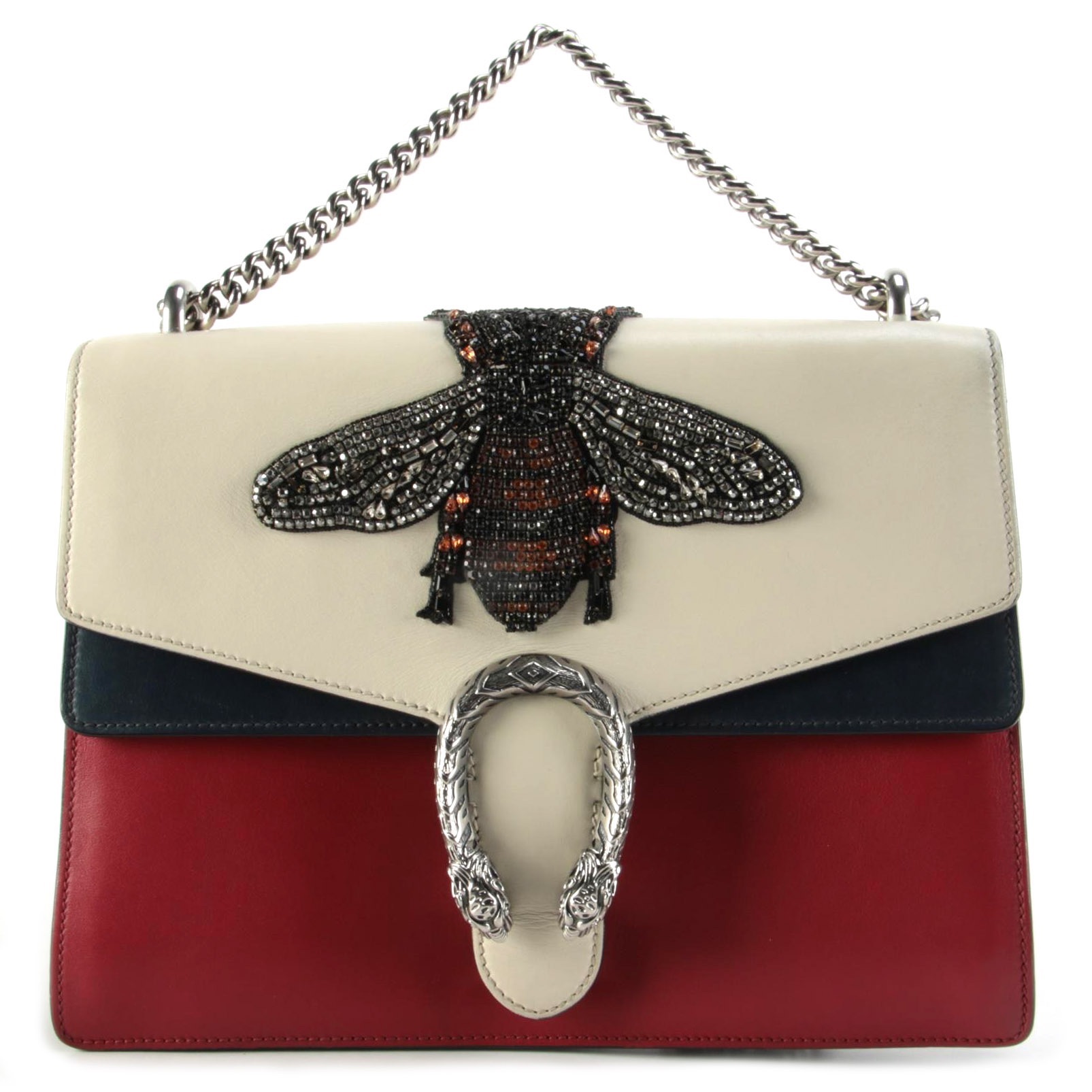 Gucci Dionysus Bag in Red, Ecru, and Navy Leather with Embellished Bee Appliqué