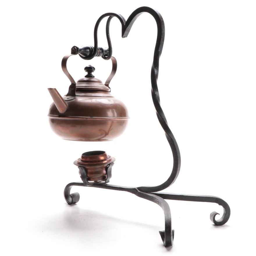 Copper Kettle and Warmer on Wrought Iron Stand, Mid-20th Century