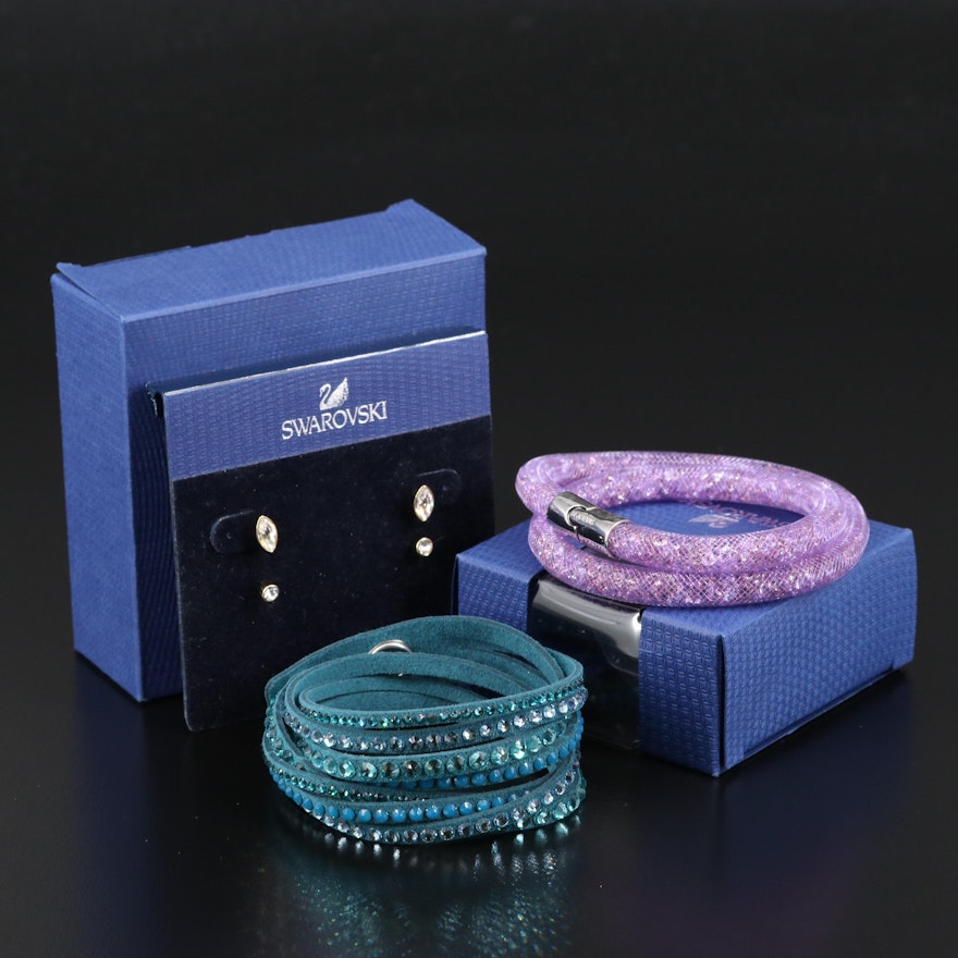 Swarovski Crystal "Harley" Earrings, "Stardust" and Suede Wrap Bracelets