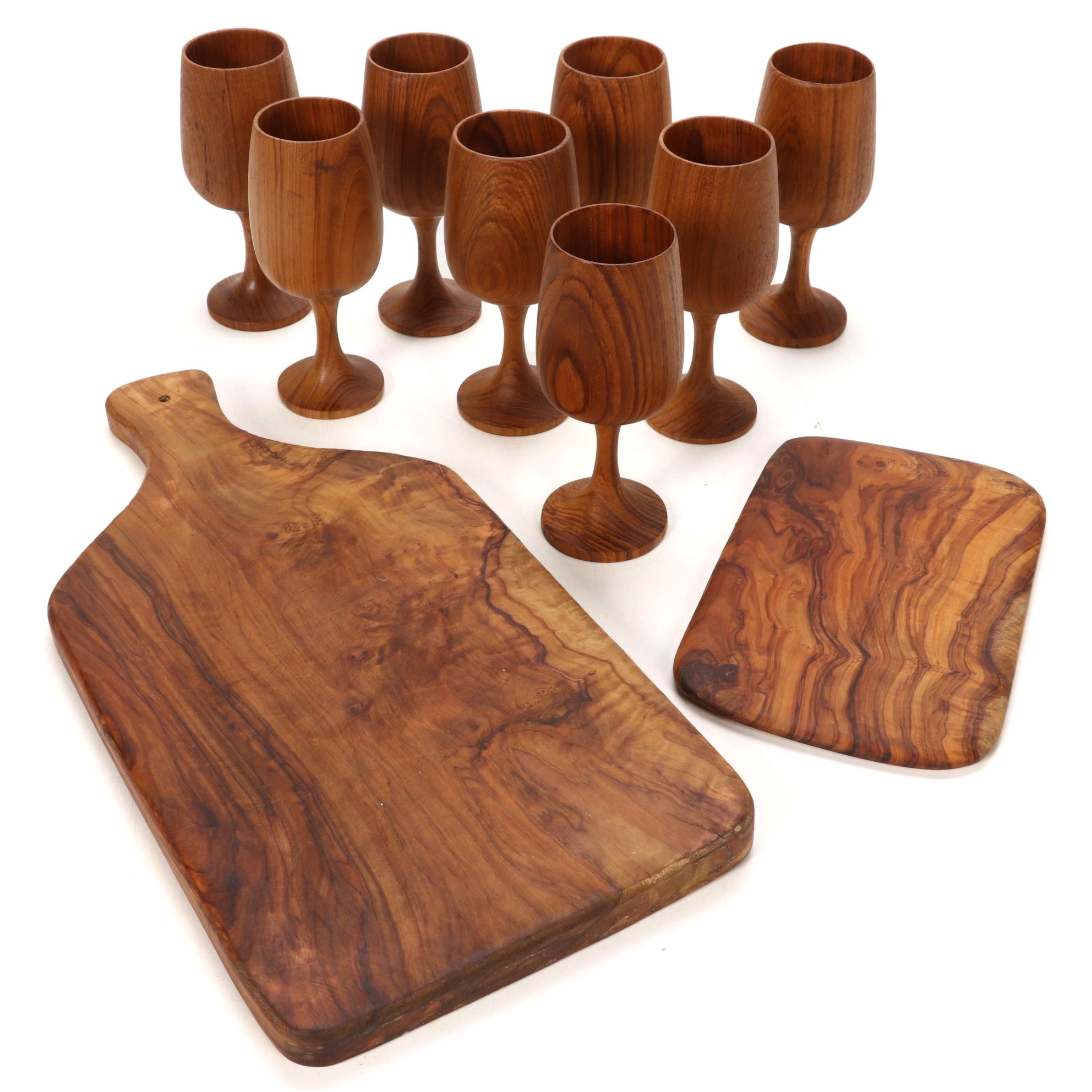 Bernard Olivewood Cheese Board with Cutting Board and Wine Glasses