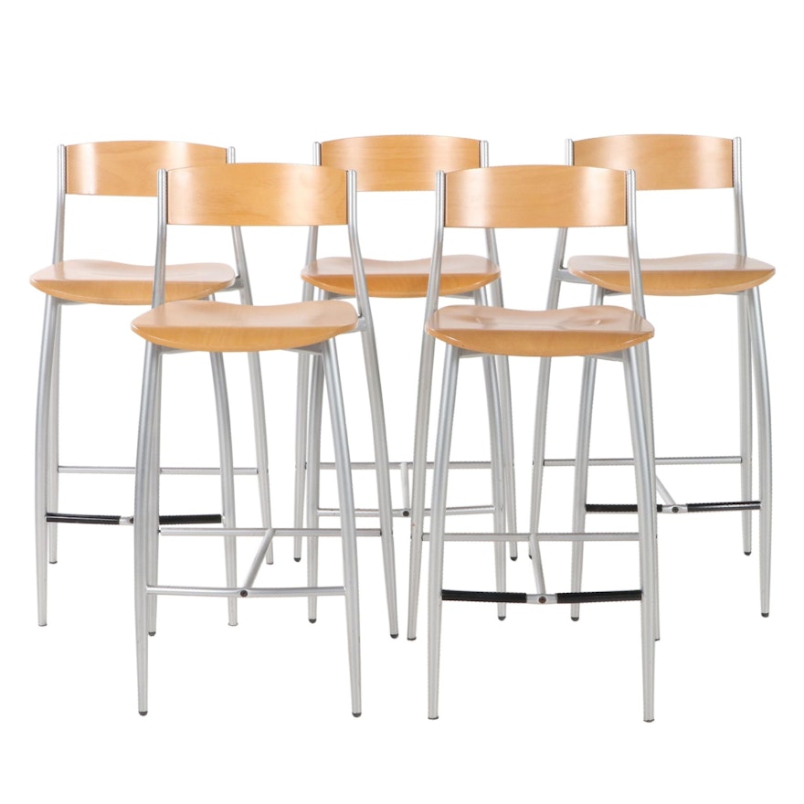Set of Five Contemporary Wood and Aluminum Framed Counter Stools
