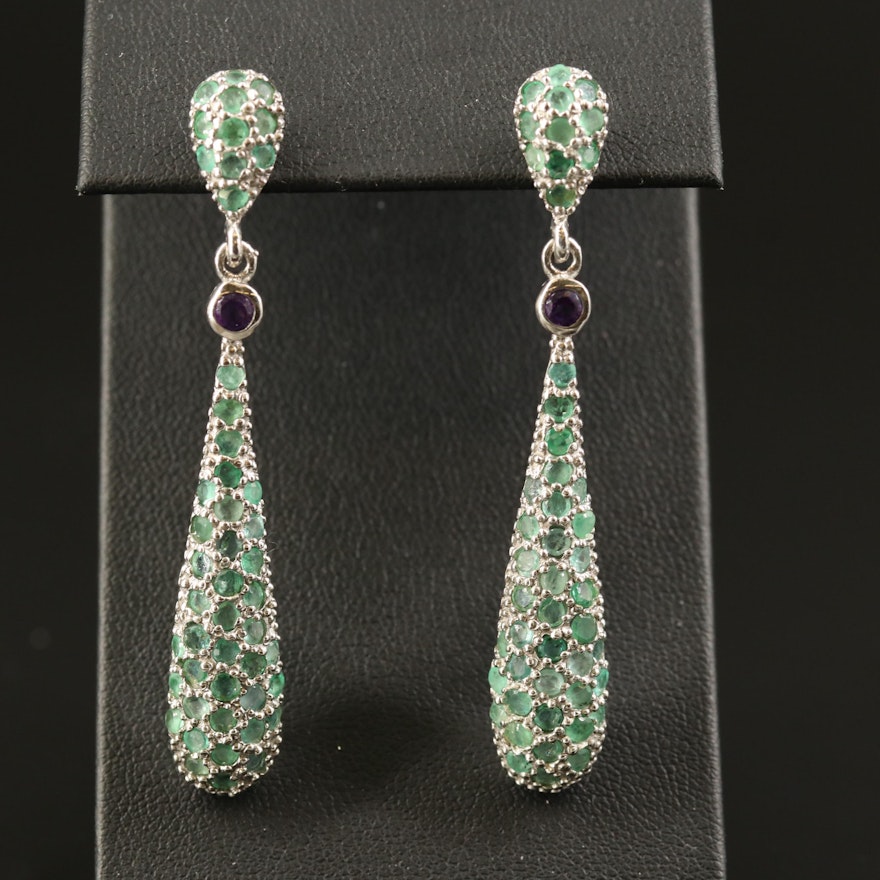 Sterling Emerald and Amethyst Drop Earrings