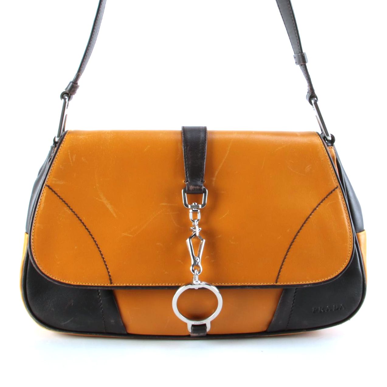 Prada Yellow and Dark Brown Leather Front Flap Shoulder Bag