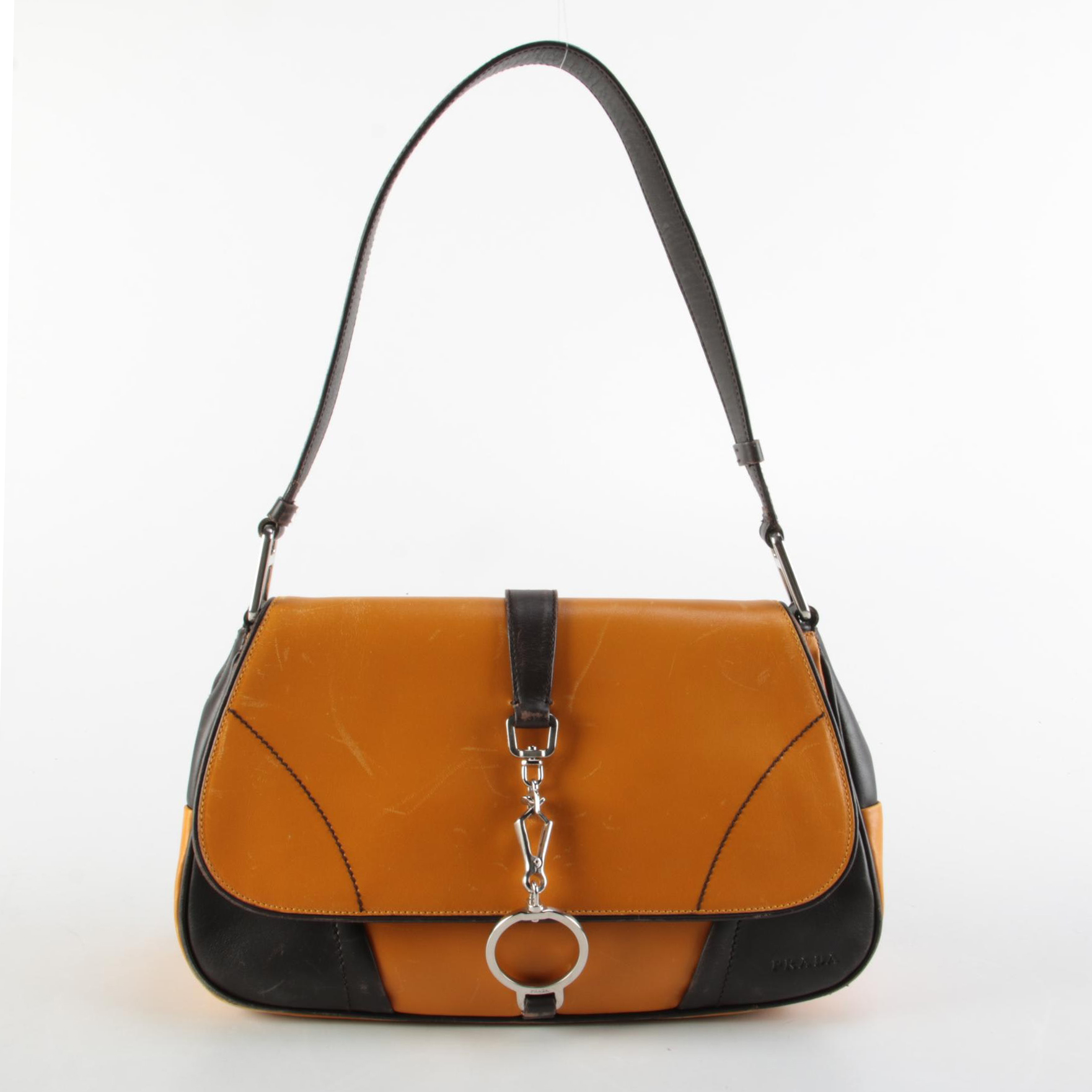 Prada Yellow and Dark Brown Leather Front Flap Shoulder Bag