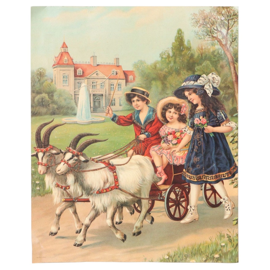 Offset Lithograph of Children and Goat Cart