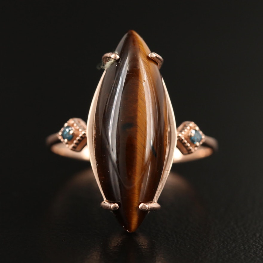 14K Rose Gold Tiger's Eye and Blue Diamond Ring