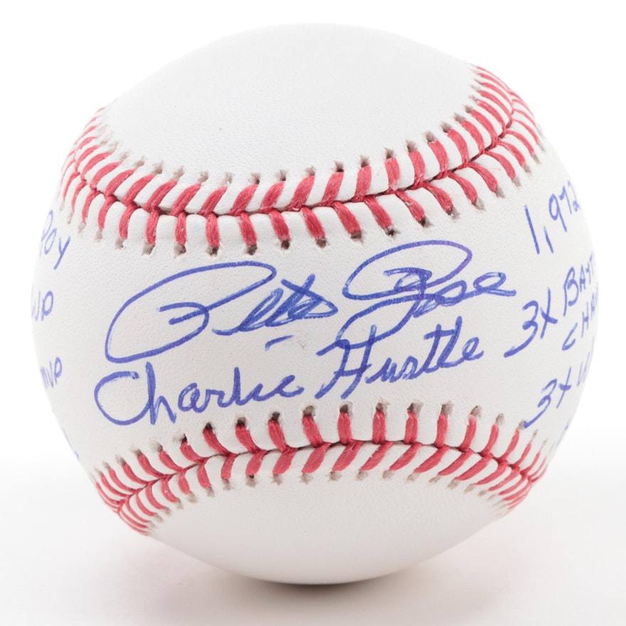 Pete Rose "Charlie Hustle" Signed Statistical Rawlings Baseball in Case, JSA COA