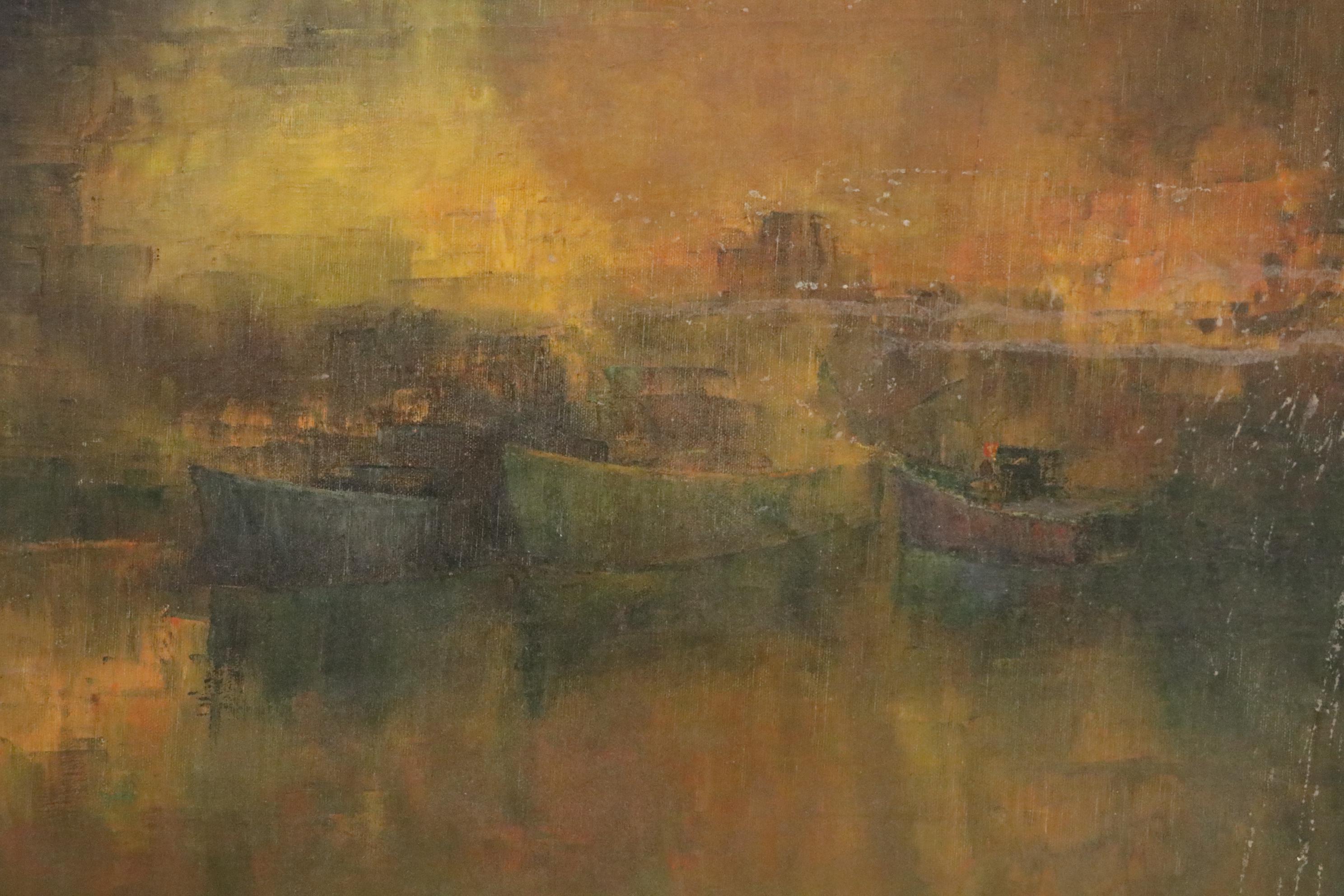 Nautical Oil Painting of Boats in Harbor, Early 20th Century