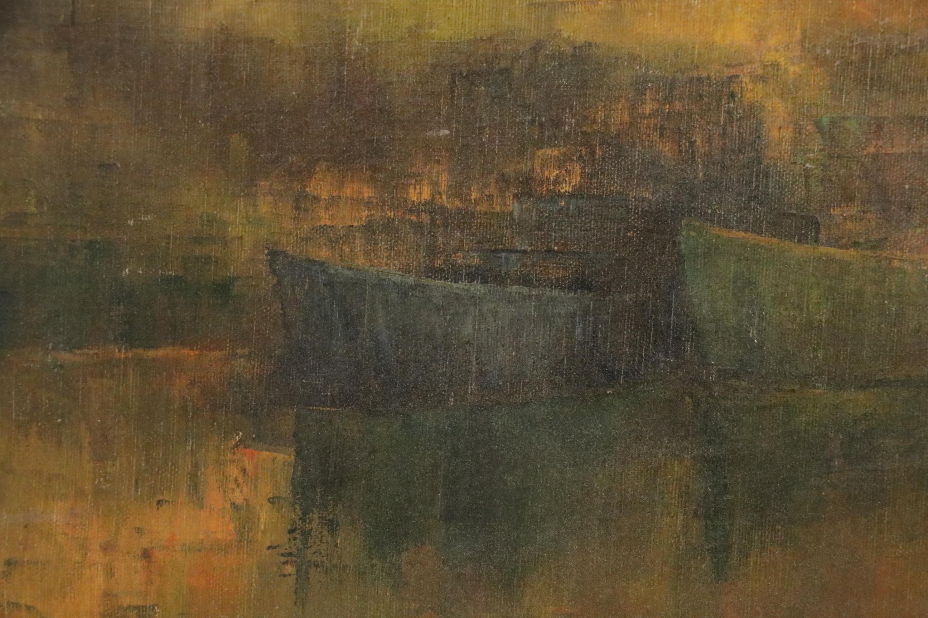 Nautical Oil Painting of Boats in Harbor, Early 20th Century