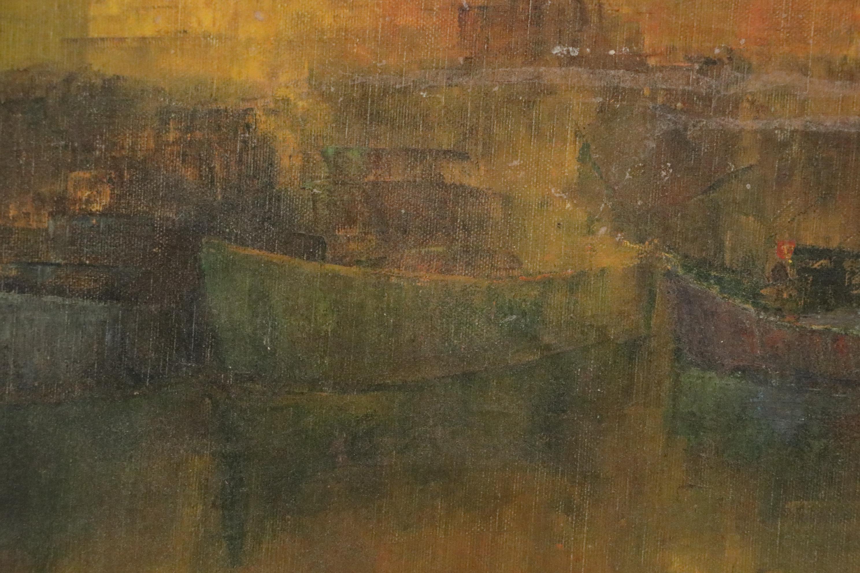 Nautical Oil Painting of Boats in Harbor, Early 20th Century