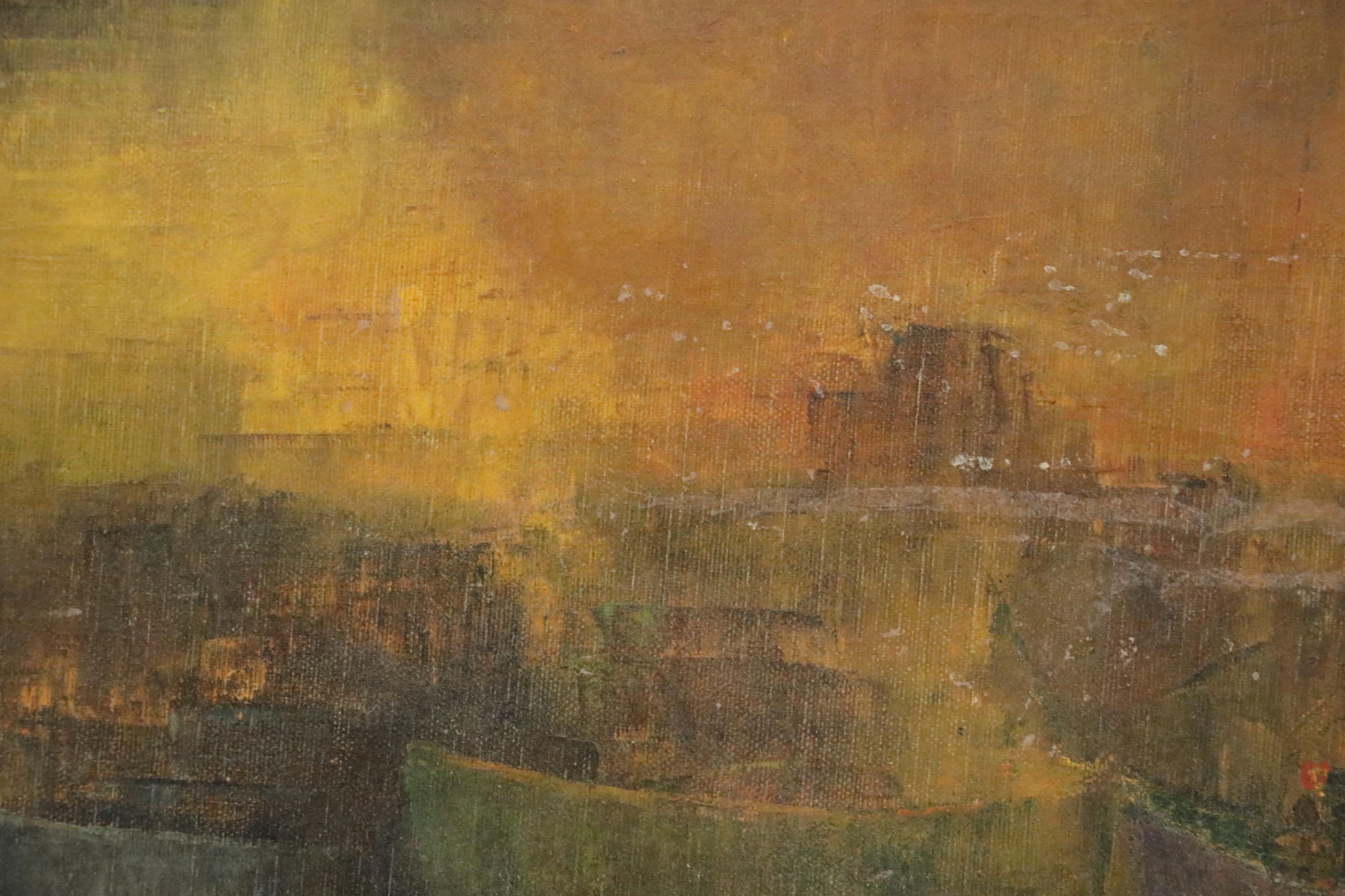 Nautical Oil Painting of Boats in Harbor, Early 20th Century