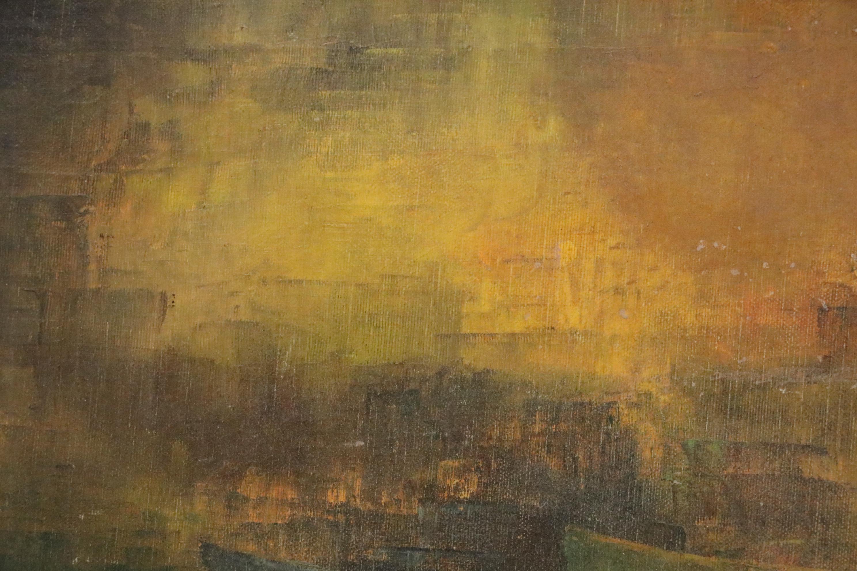 Nautical Oil Painting of Boats in Harbor, Early 20th Century