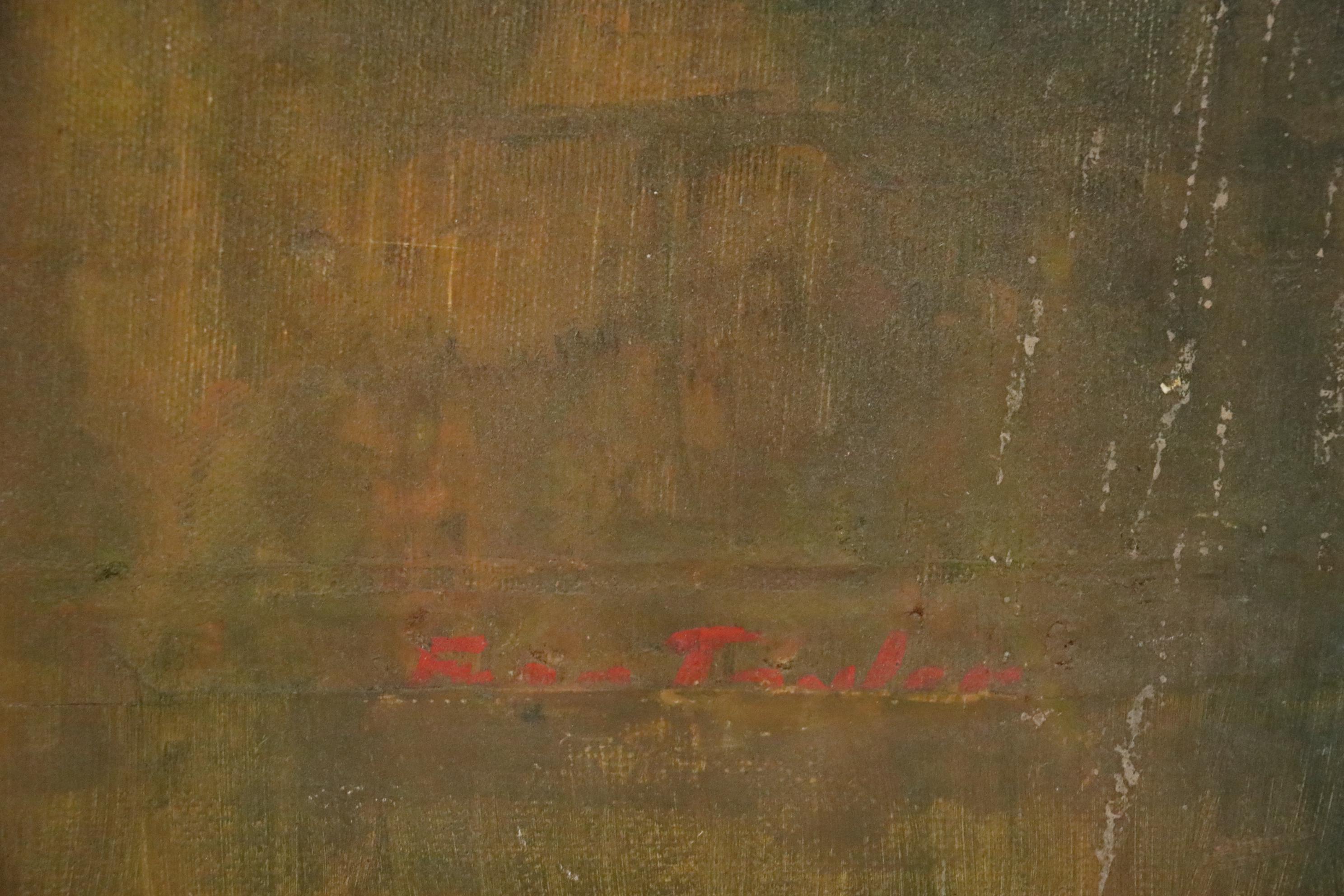 Nautical Oil Painting of Boats in Harbor, Early 20th Century