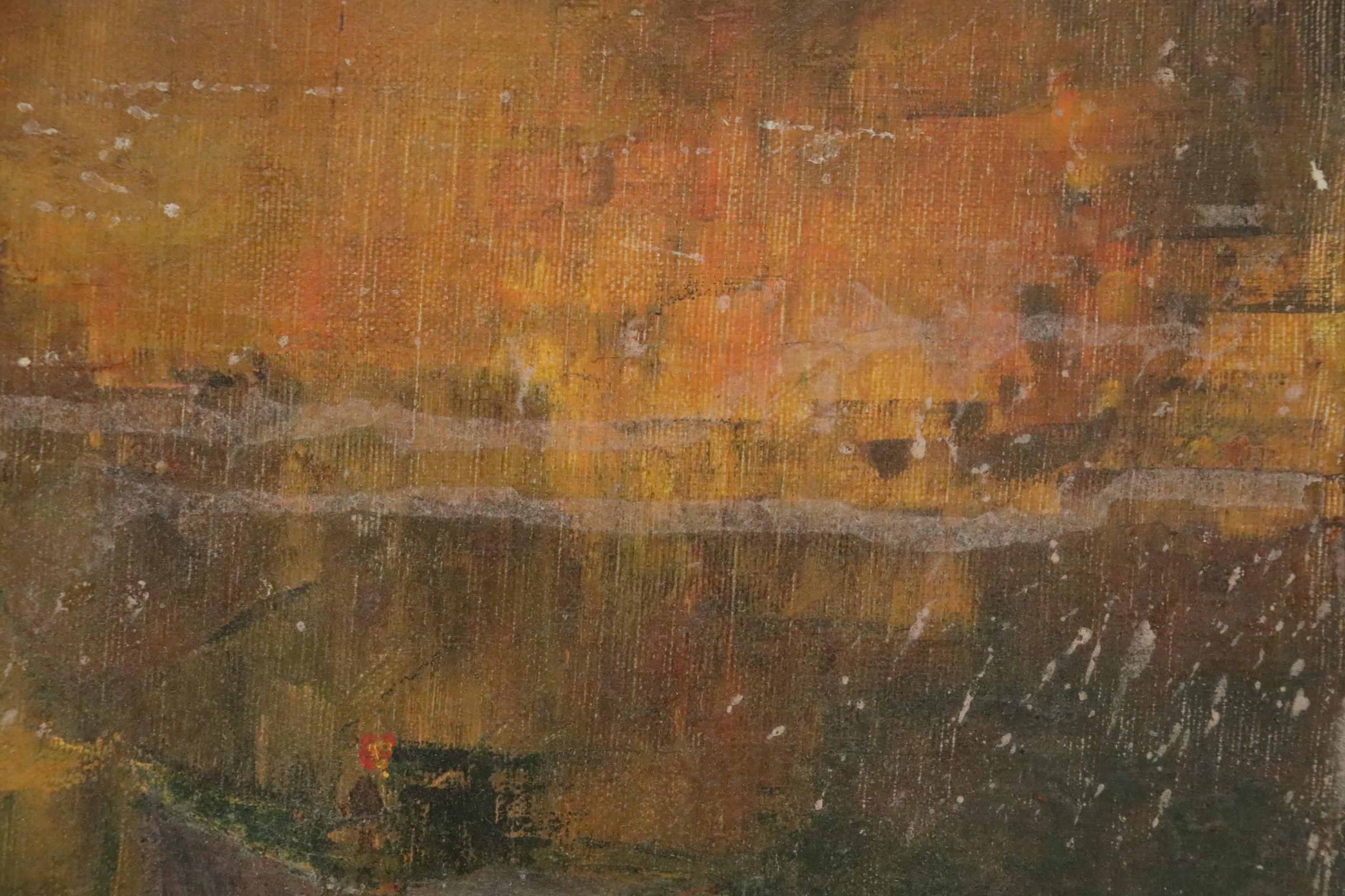 Nautical Oil Painting of Boats in Harbor, Early 20th Century