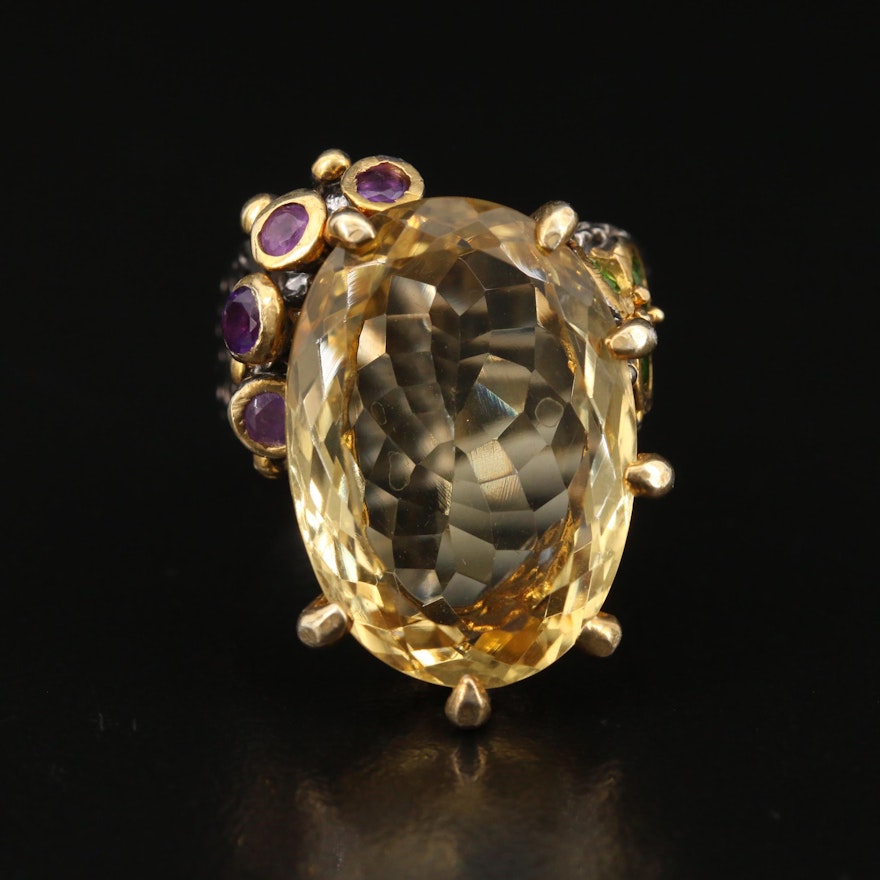 Sterling Citrine, Amethyst and Chrome Diopside Textured Ring
