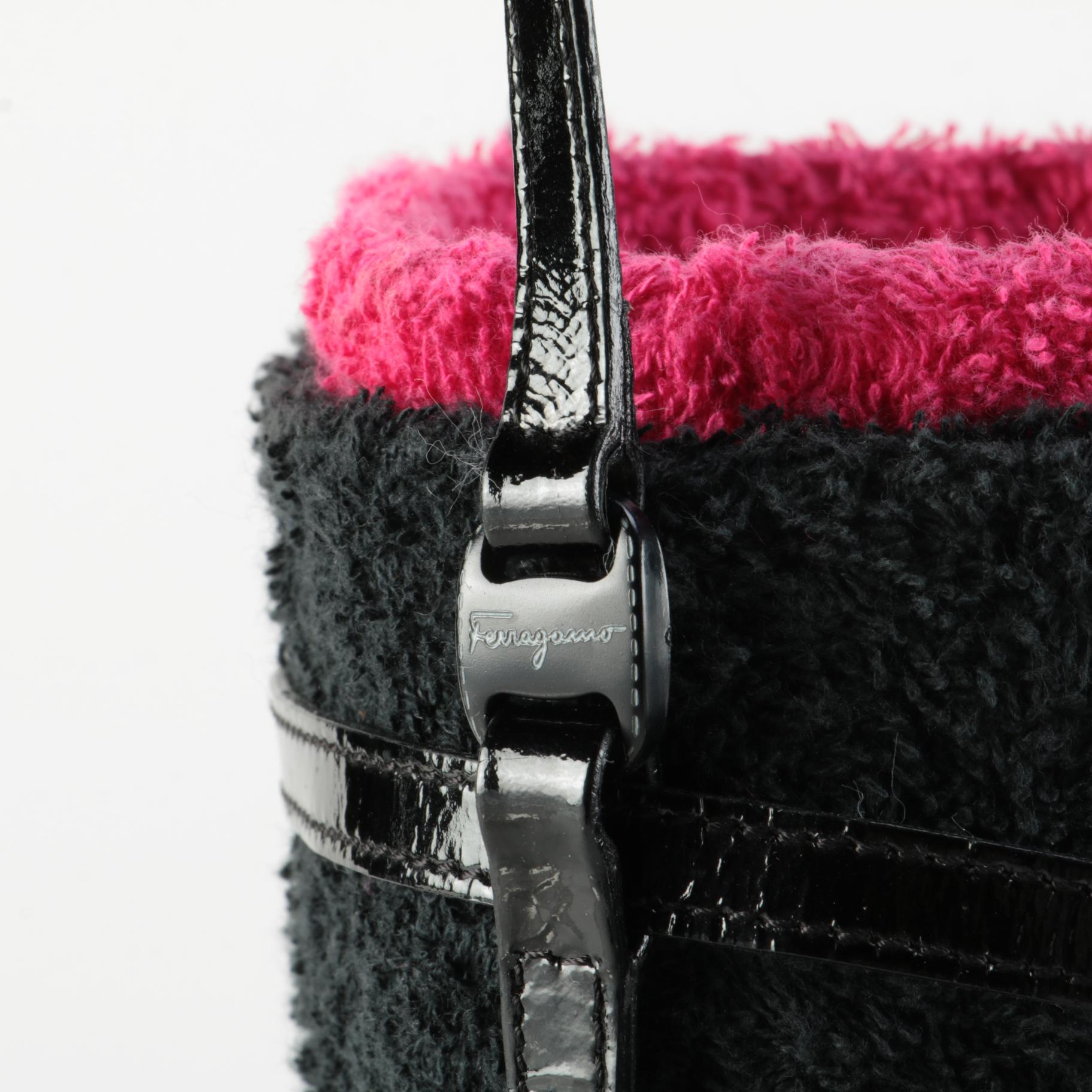 Salvatore Ferragamo Black/Magenta Terry Cloth Cage Bucket Bag