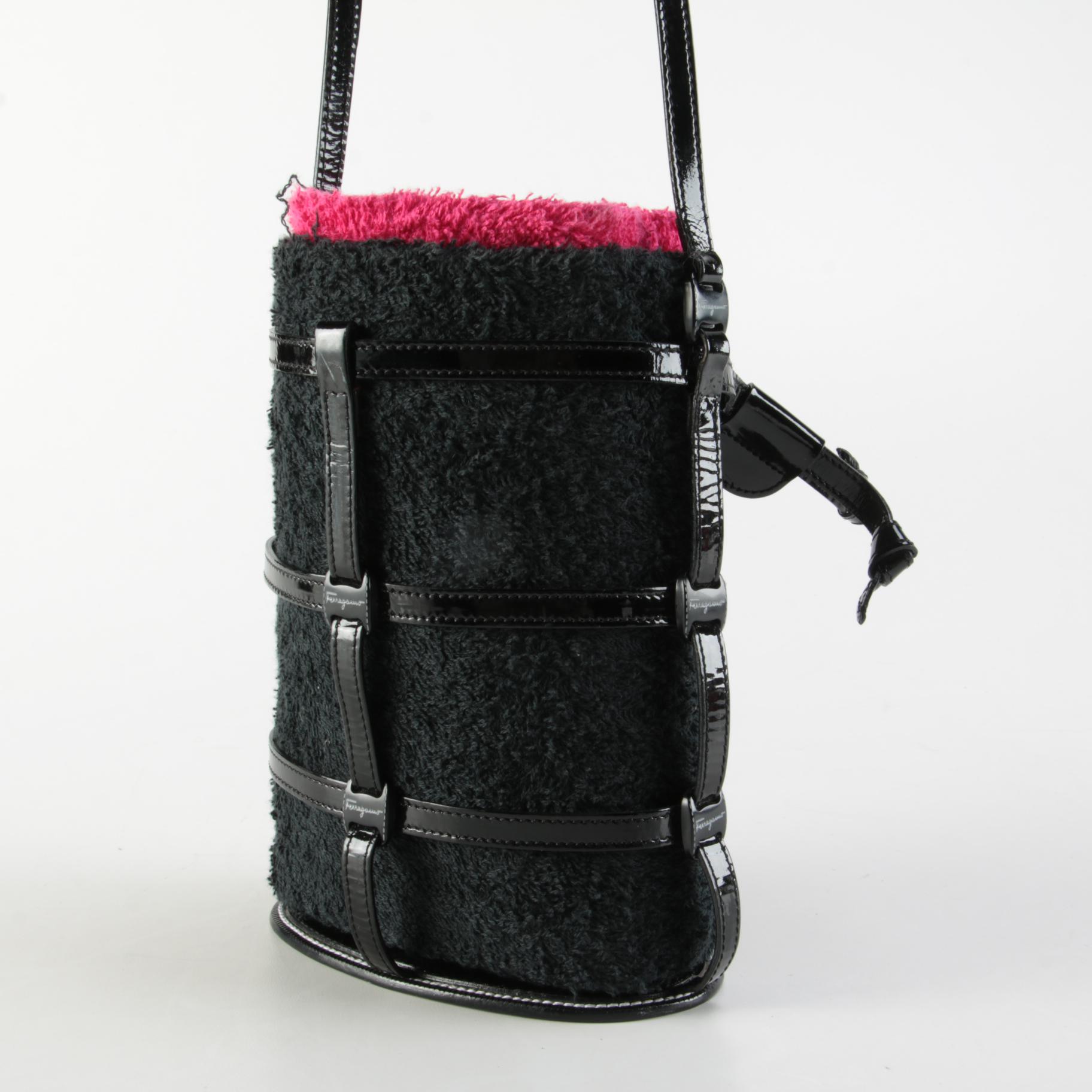 Salvatore Ferragamo Black/Magenta Terry Cloth Cage Bucket Bag