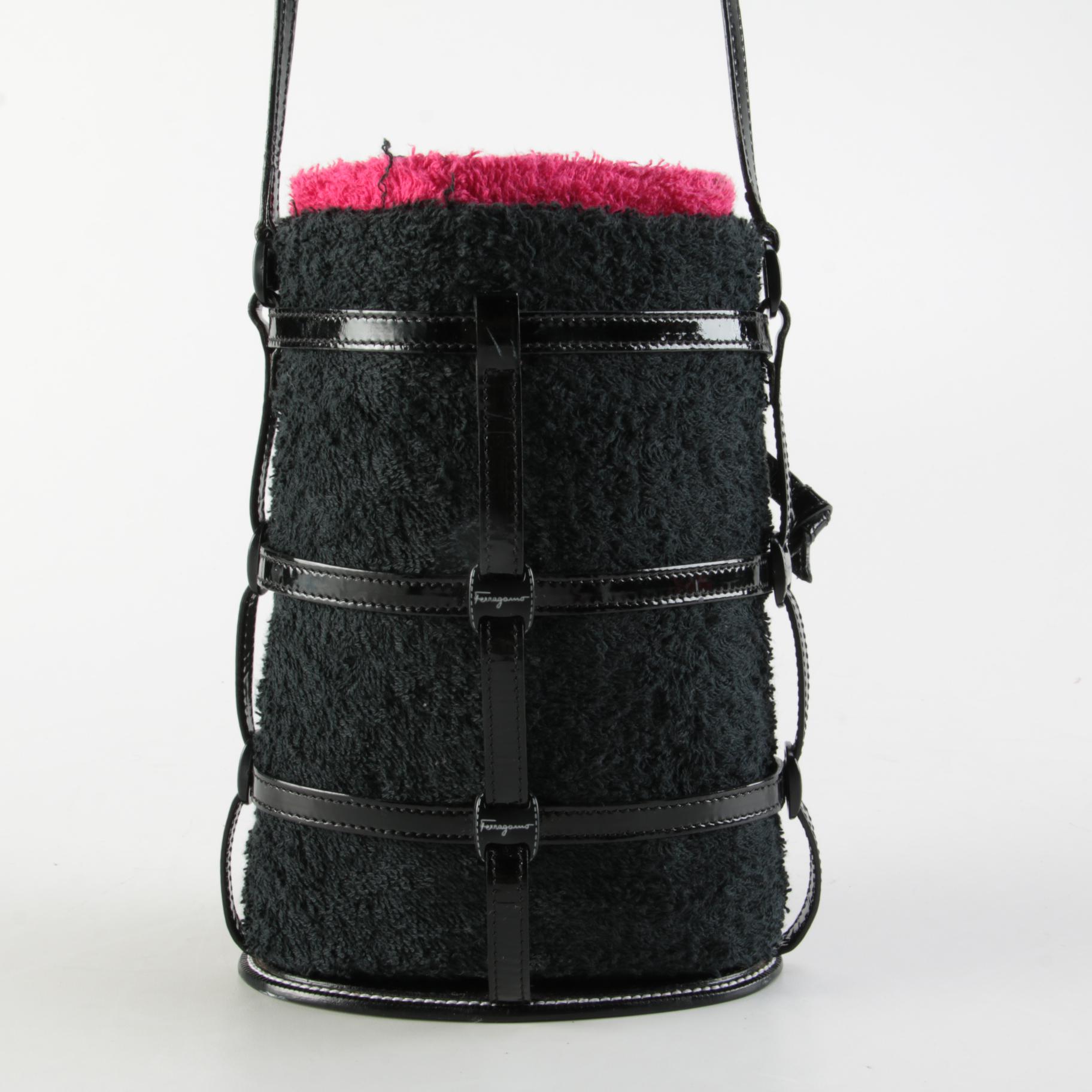 Salvatore Ferragamo Black/Magenta Terry Cloth Cage Bucket Bag